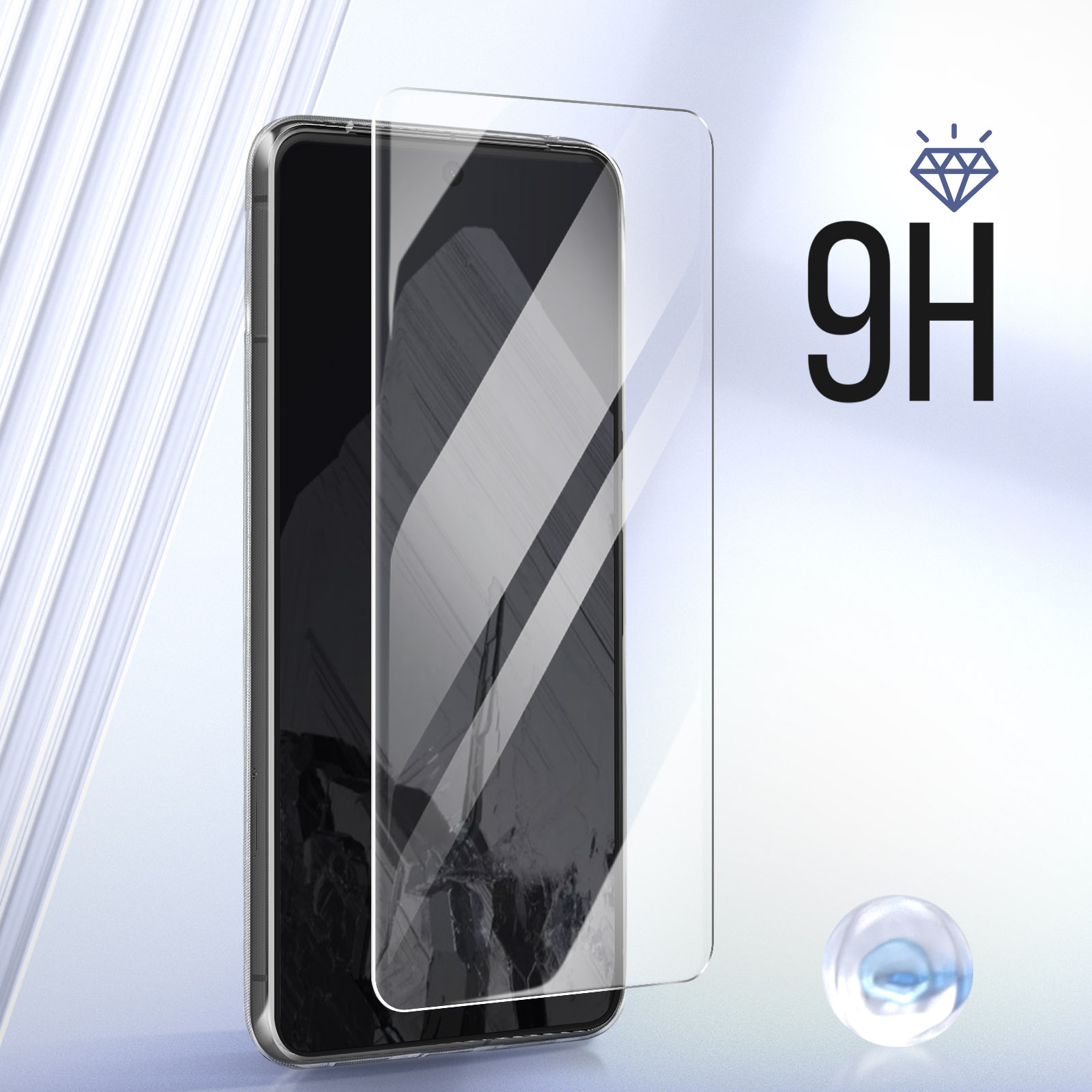 Telefono con protezione schermo e logo diamante 9H. Il telefono è nero con schermo trasparente.