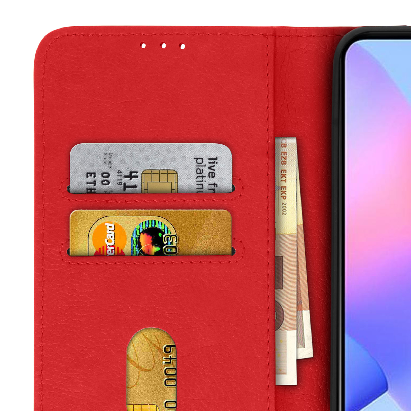Custodia rossa per telefono aperta con carte di credito e contanti visibili. Un telefono è all'interno della custodia.
