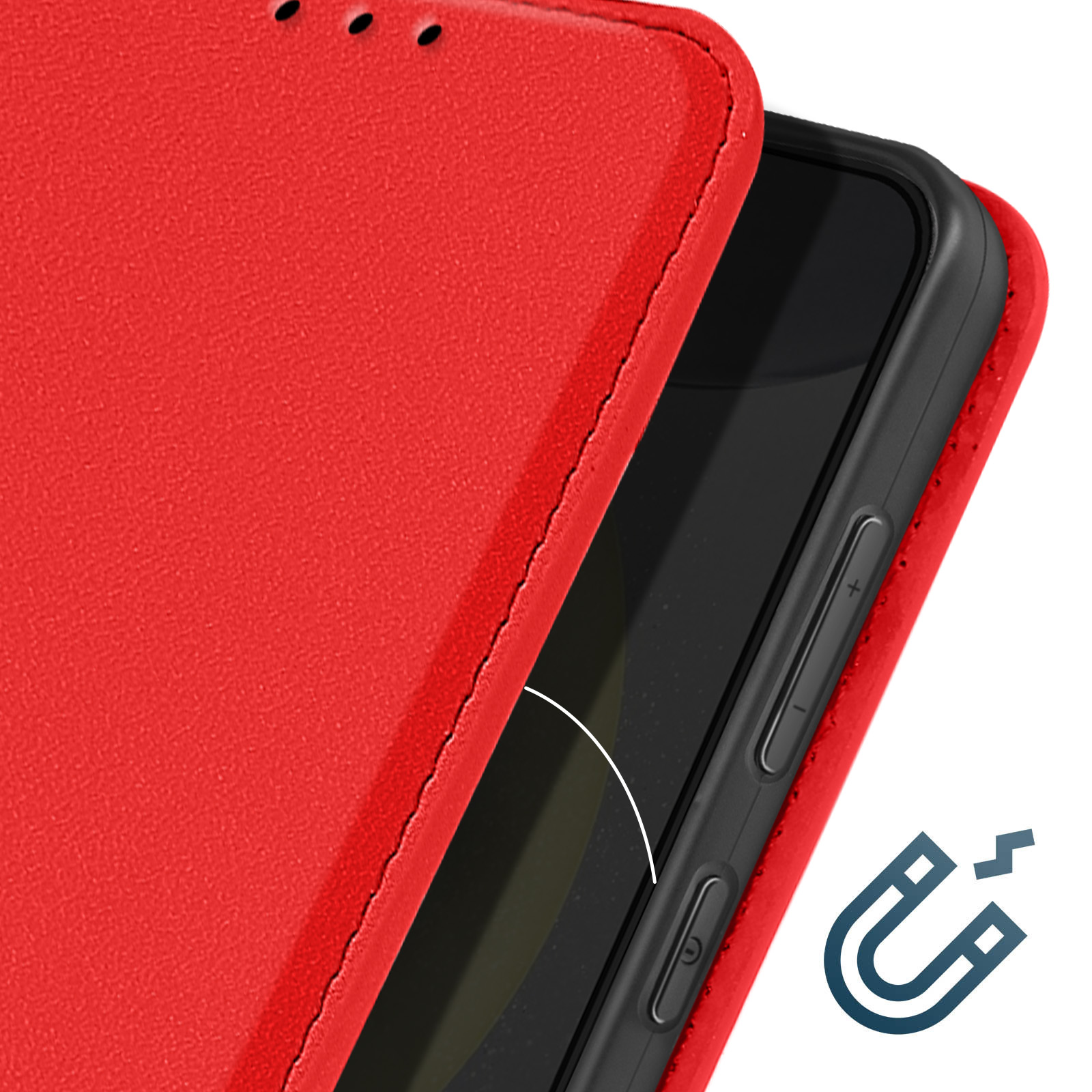 Custodia rossa per telefono aperta per rivelare un telefono nero, con un'icona magnetica nell'angolo.
