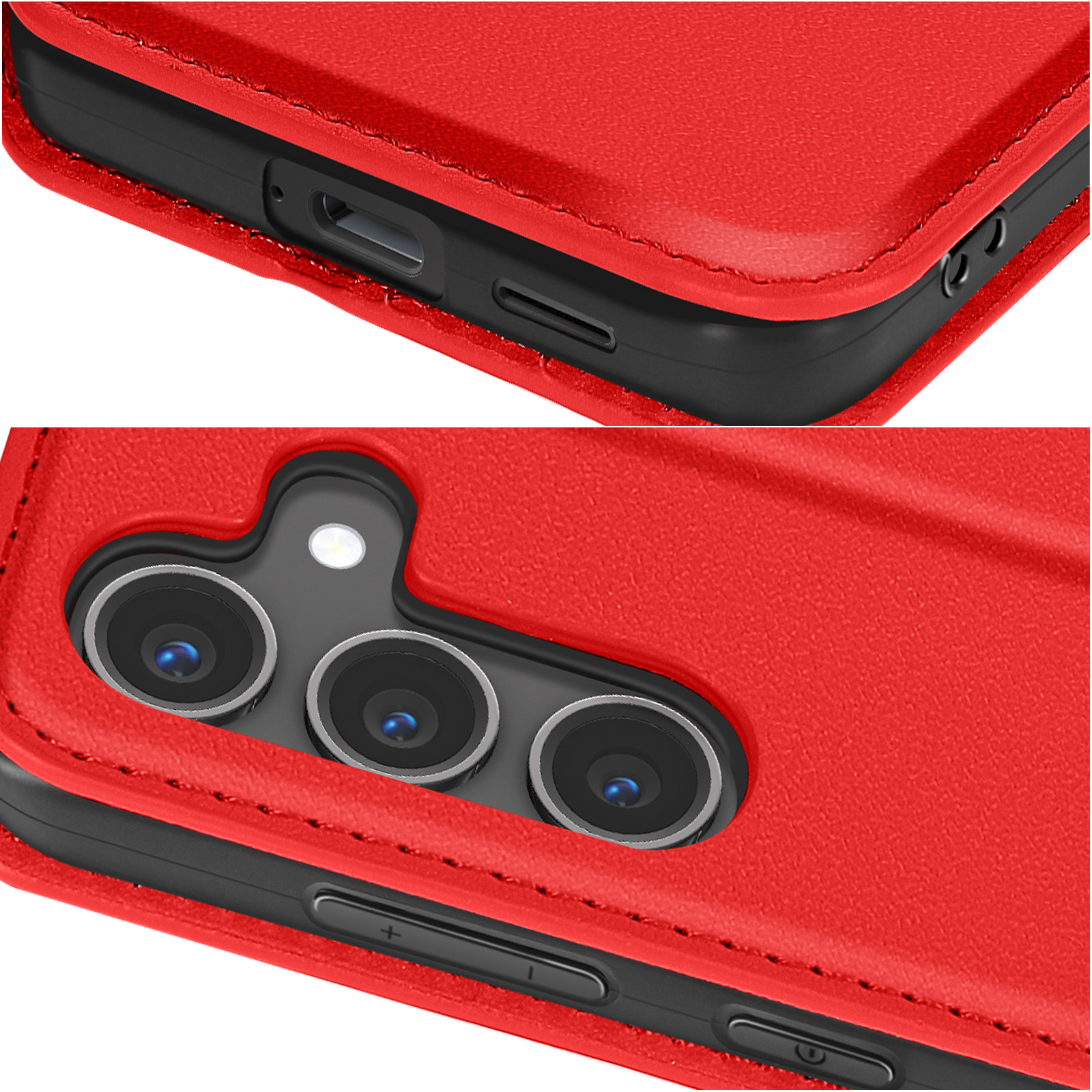 Primo piano di una custodia rossa per telefono con ritaglio per fotocamera e pulsanti del volume.