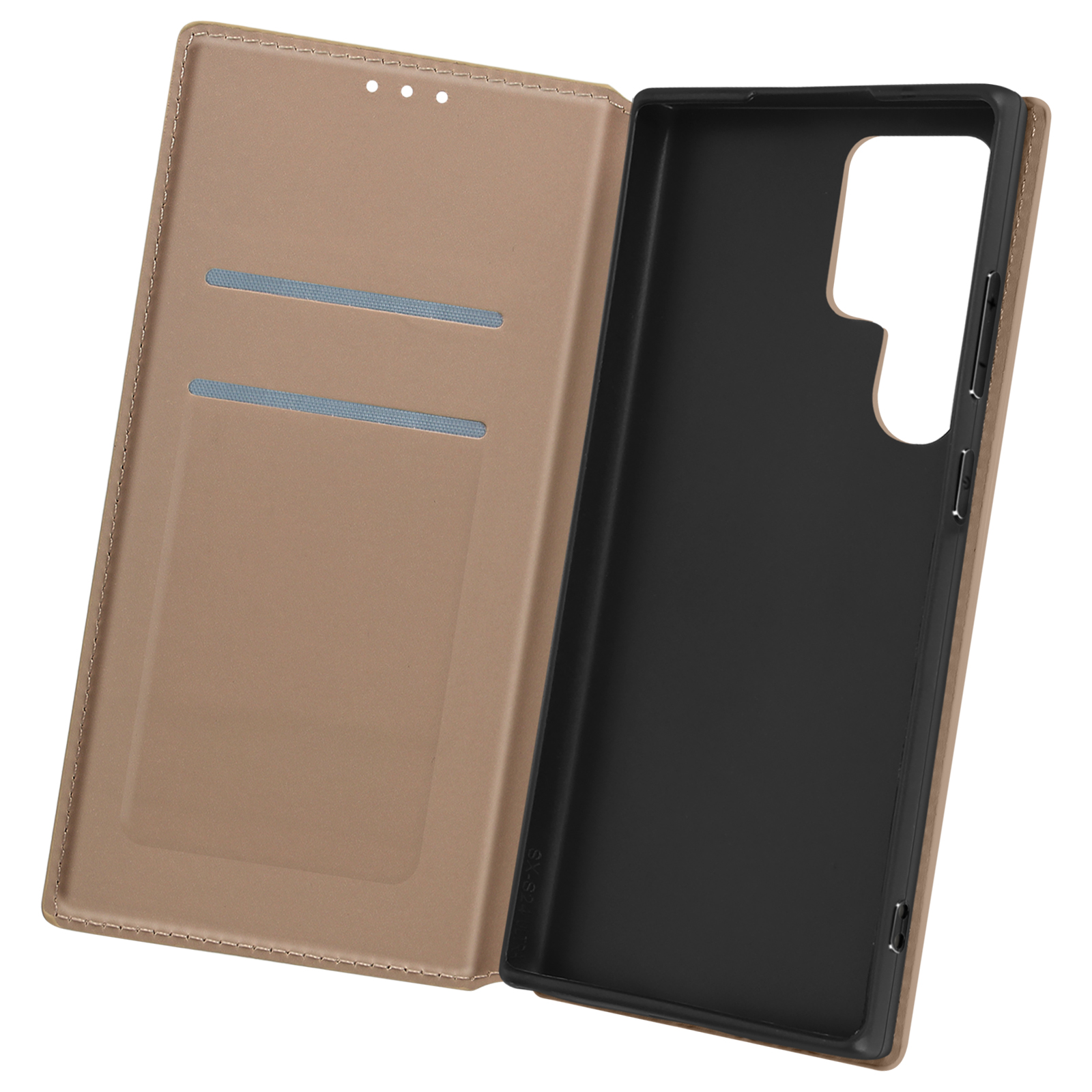 Custodia del telefono, aperta. Esterno beige, interno nero, fessure per carte visibili.