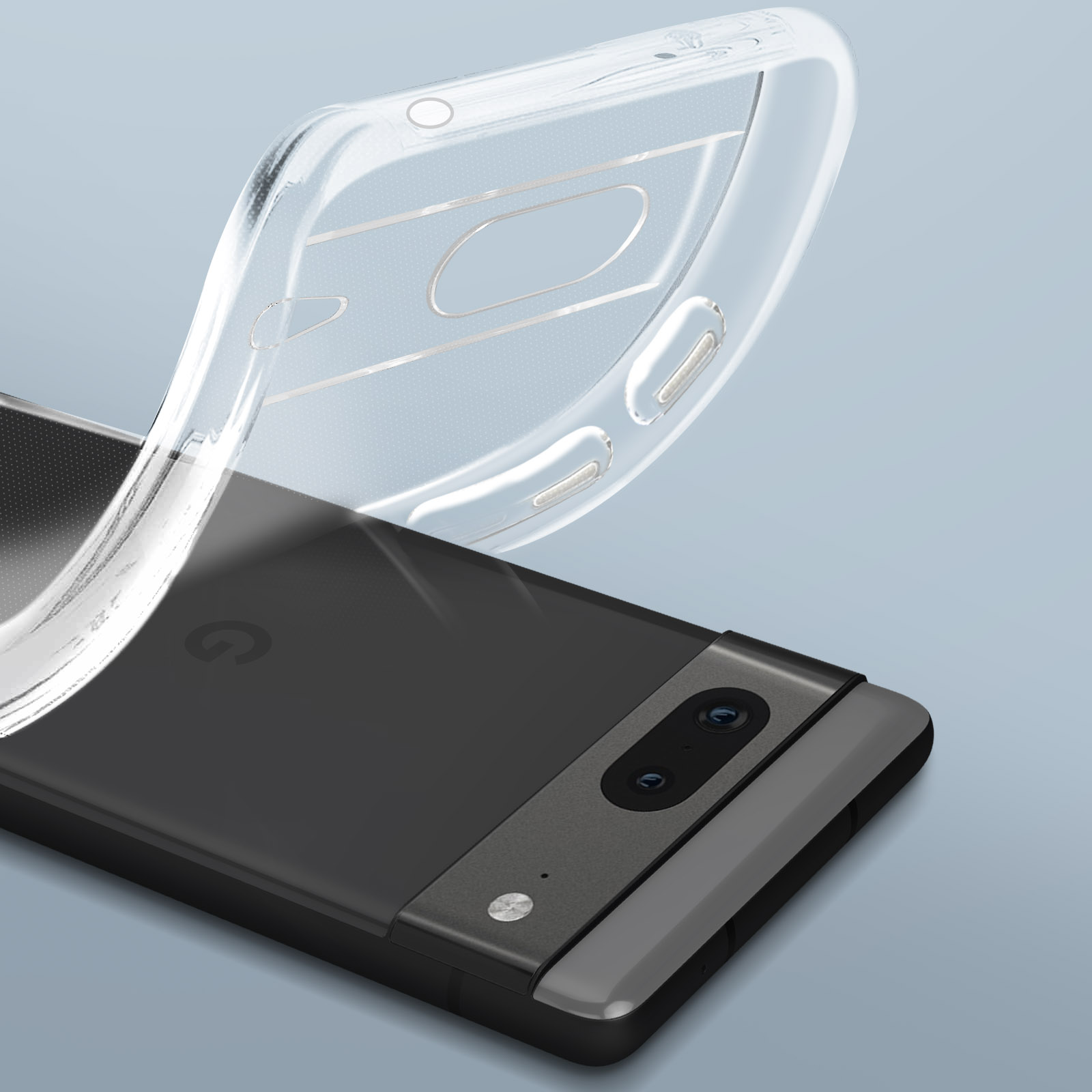 Eine transparente Handyhülle befindet sich auf einem Telefon. Das Telefon hat eine dunkelgraue Rückseite und zwei Kameras.
