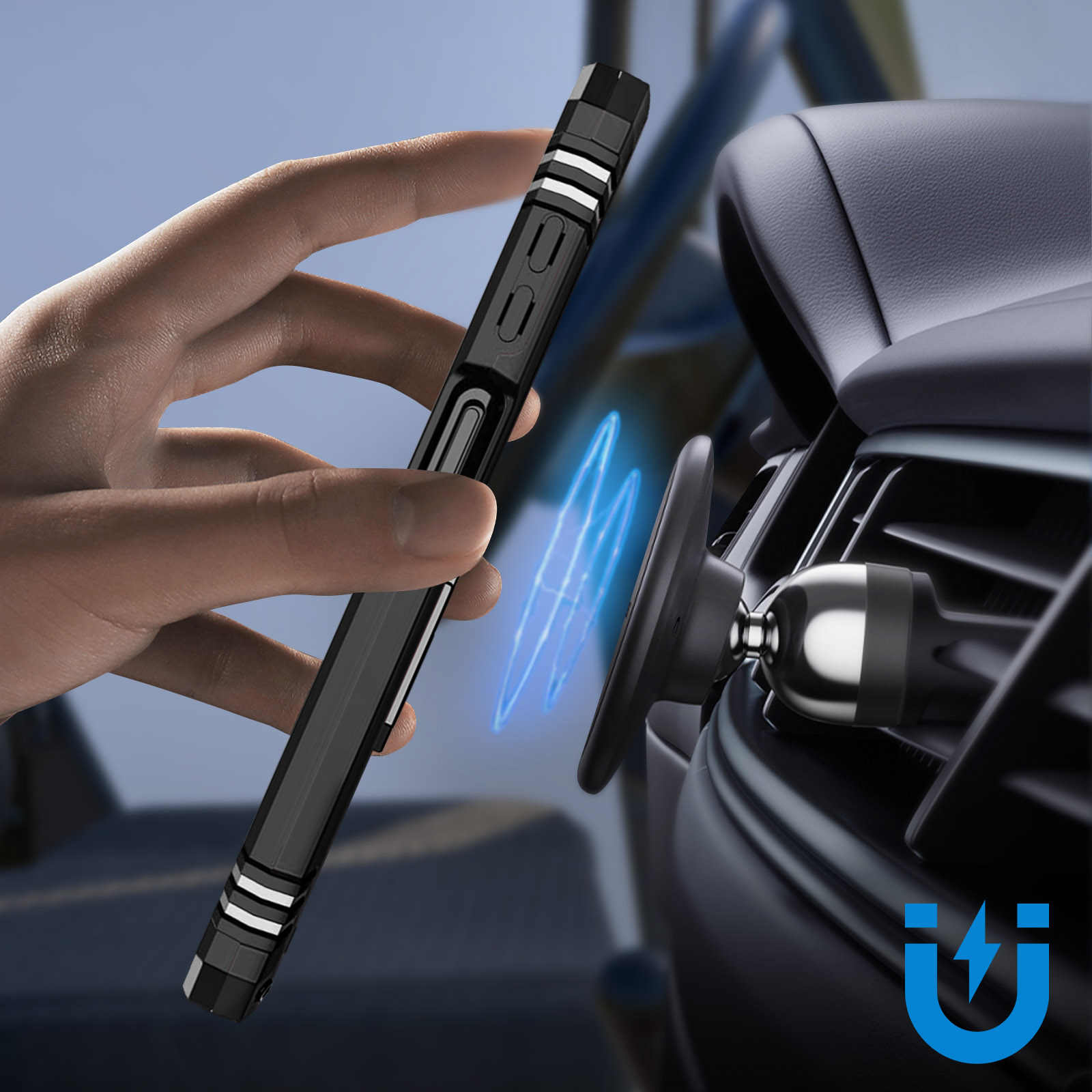 Mano che tiene un telefono in una custodia vicino a una presa d'aria dell'auto con supporto magnetico.