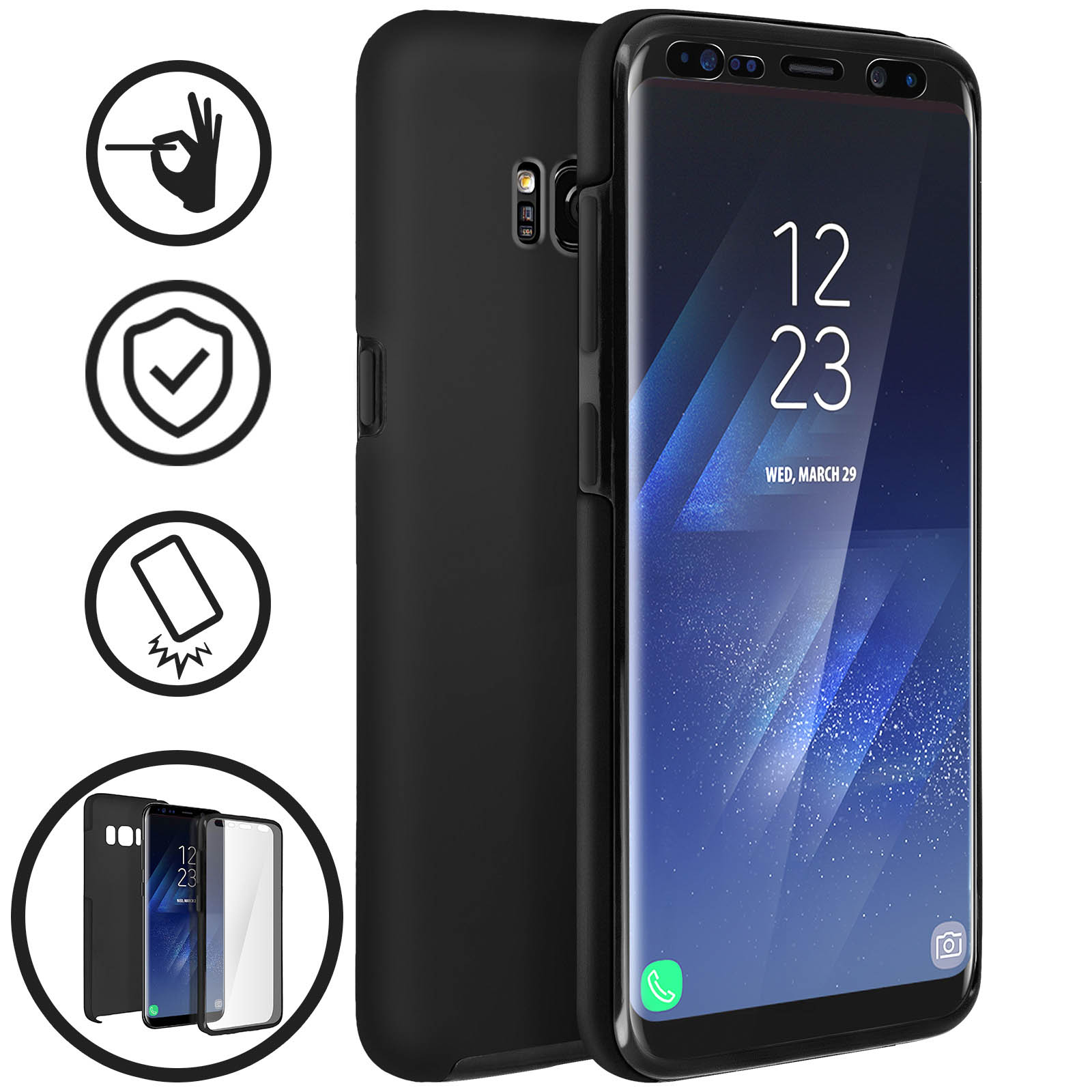 Smartphone nero con custodia nera e protezione schermo, in verticale. Il telefono ha un display.