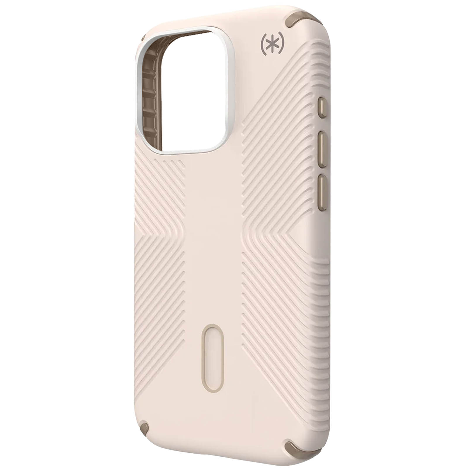 Coque de téléphone beige avec un design protecteur, montrant la caméra et les boutons latéraux.