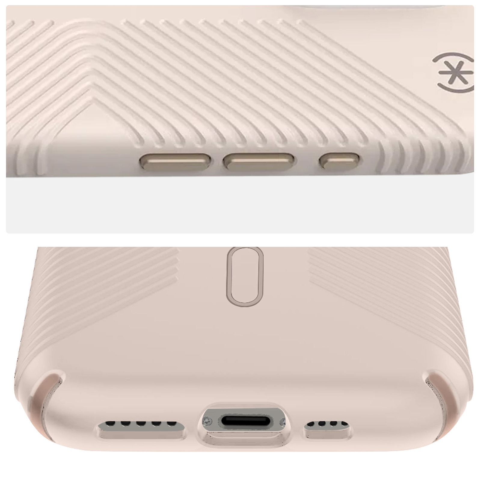 Détail coque téléphone, rose clair. Haut: rainures et logo. Bas: port de charge.