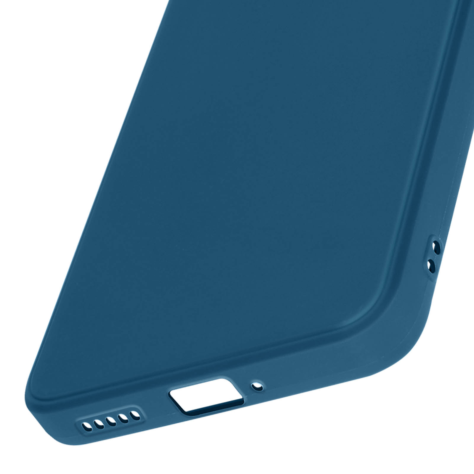 Una custodia per telefono blu con ritagli per le porte di un telefono. La custodia è semplice.