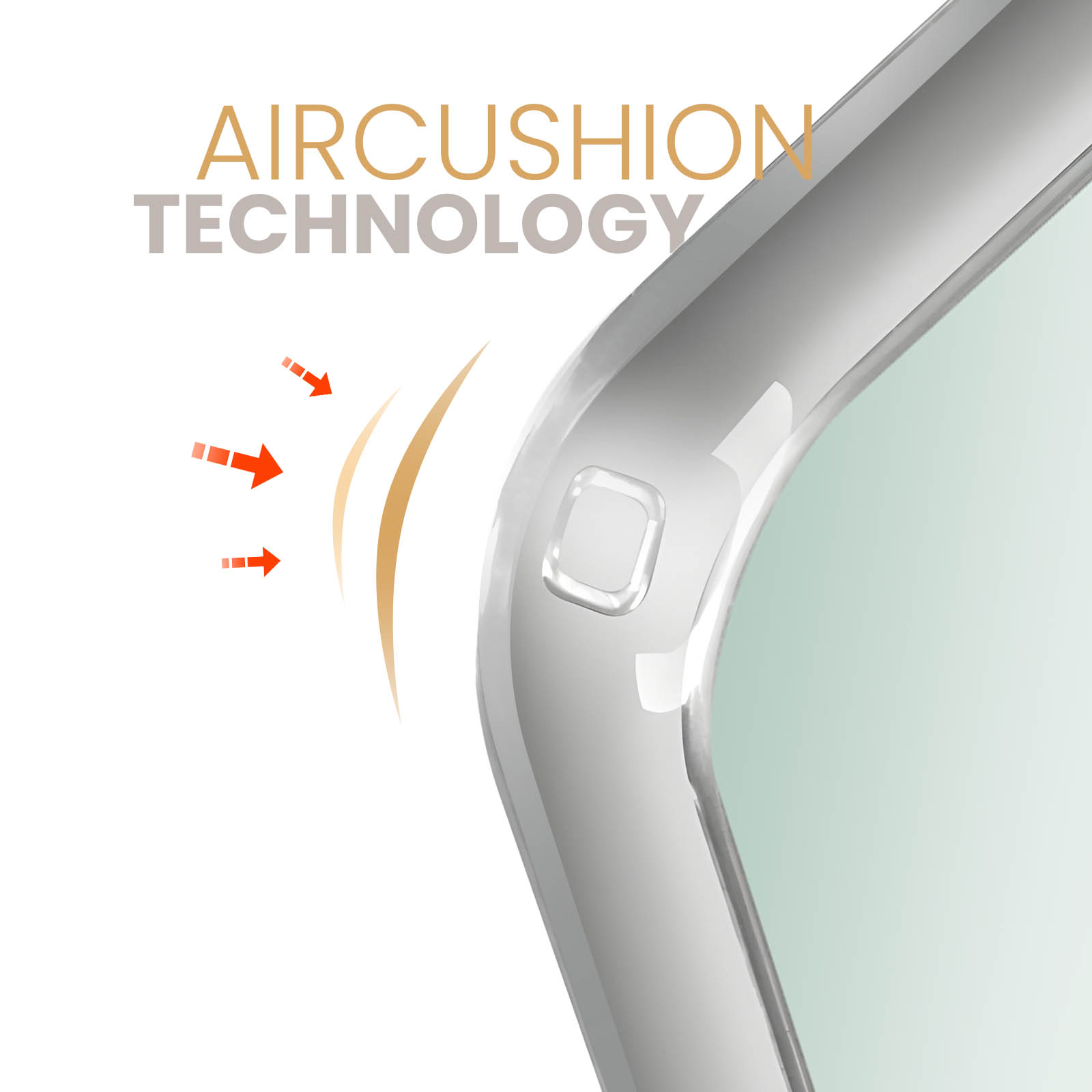 Nahaufnahme einer Handyhülle, die Air Cushion Technology zeigt. Pfeile und Text beschreiben das Merkmal.