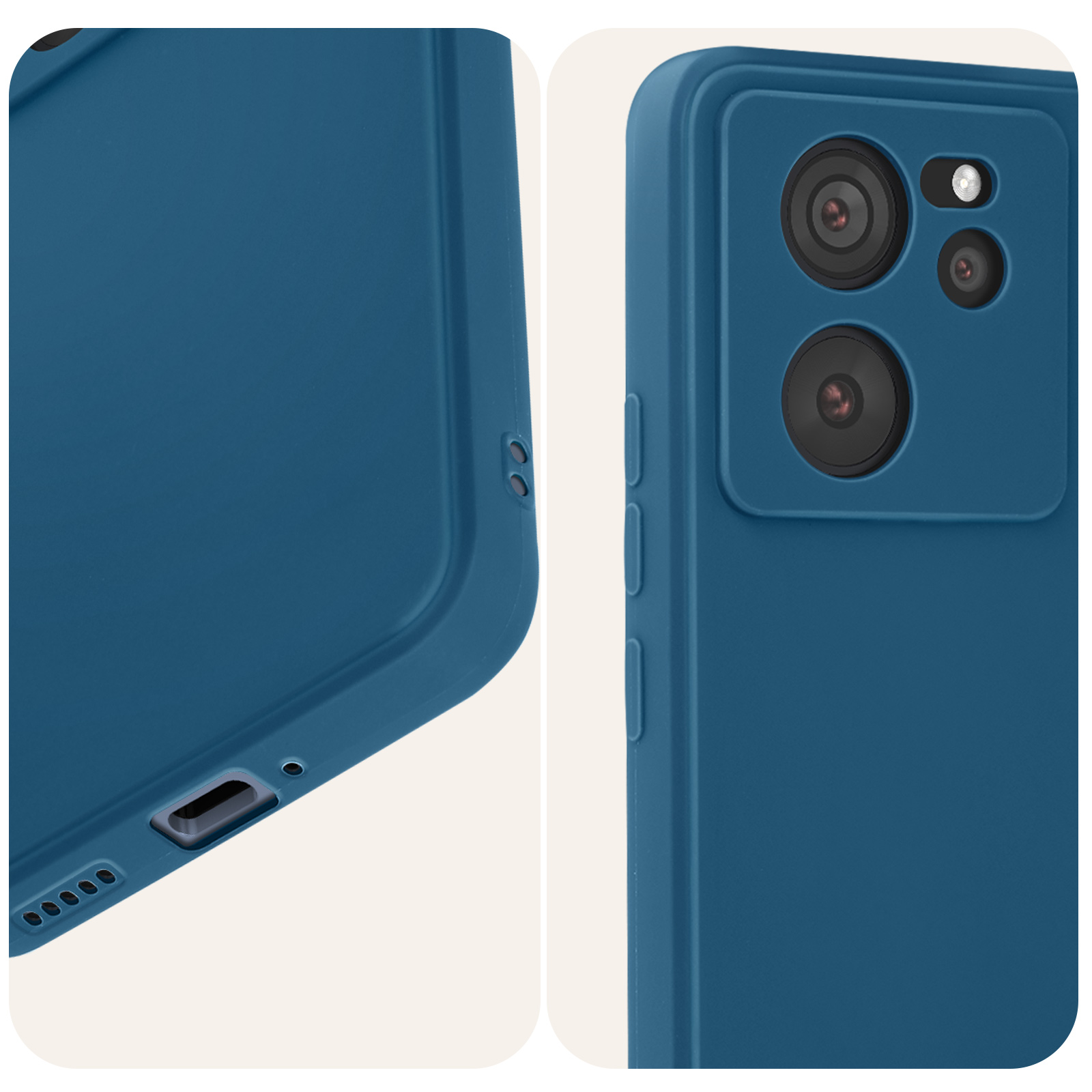 Custodia per telefono blu con ritagli per fotocamera. La custodia è su sfondo bianco.