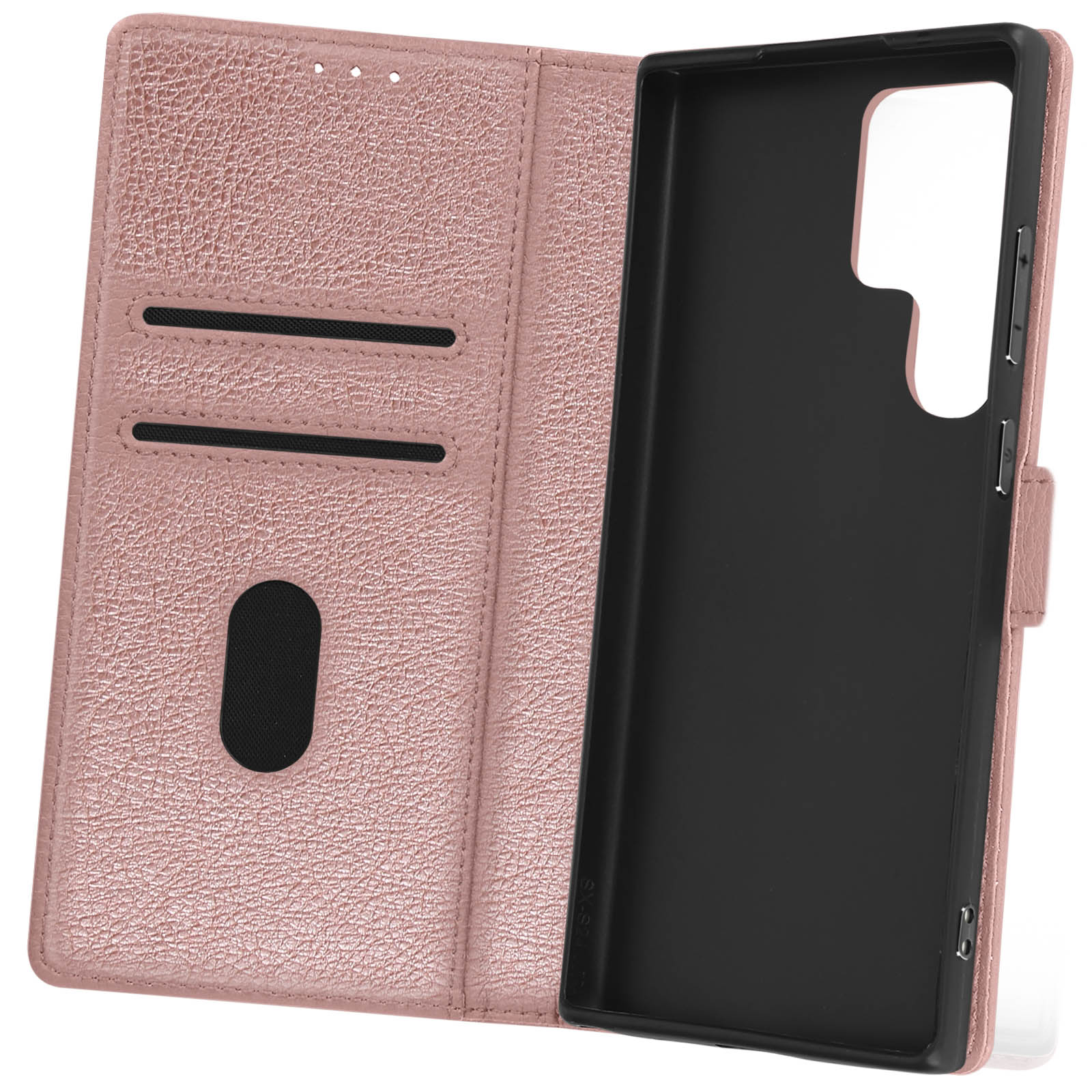 Custodia in pelle rosa, aperta con scomparti per carte e telefono.