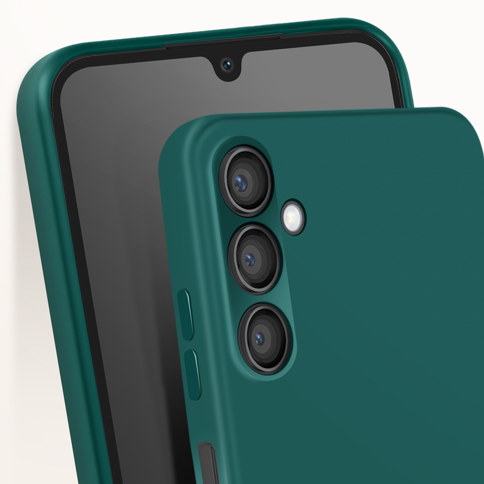 Custodia verde che mostra gli obiettivi della fotocamera. Il retro della custodia.