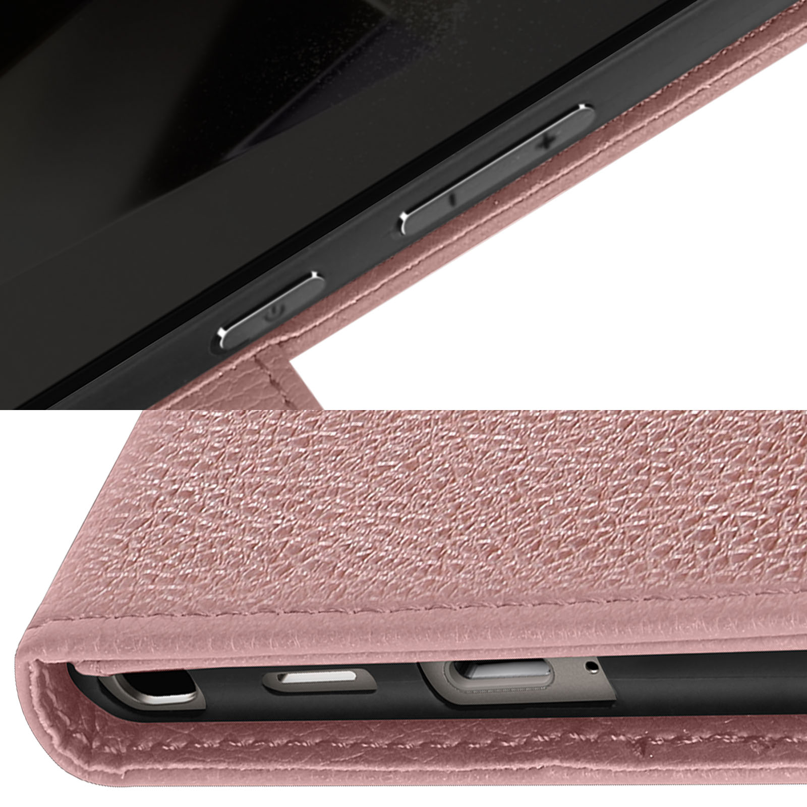 Telefono e cover. Sopra: pulsanti laterali, Sotto: porta di ricarica e fori dell'altoparlante.
