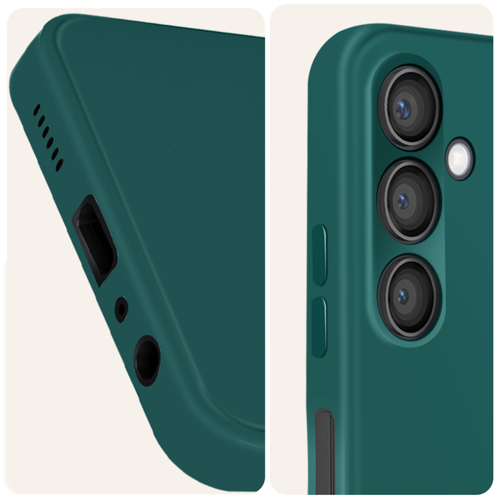 Primo piano di una custodia per telefono con dettagli della fotocamera e della porta.