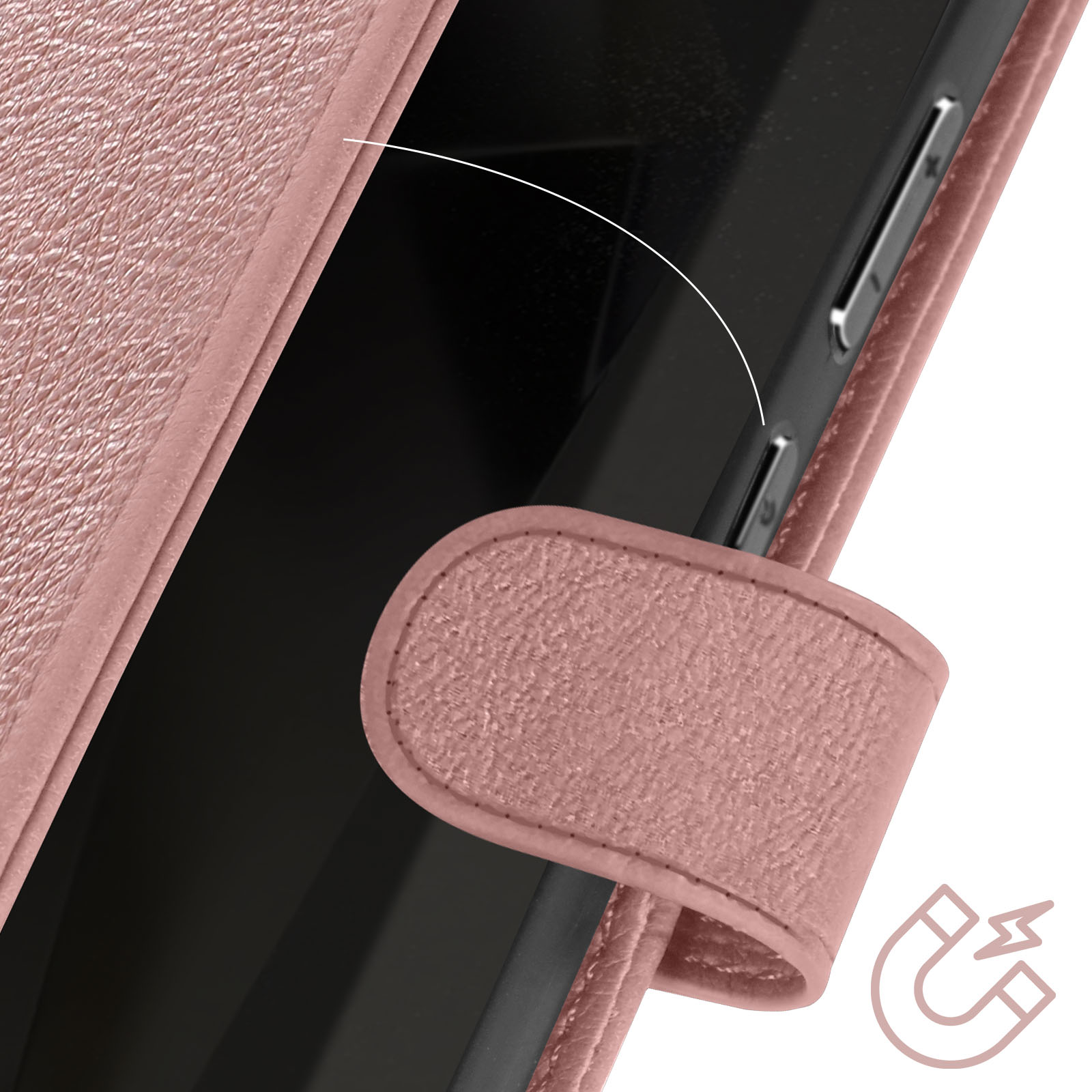 Una custodia per telefono oro rosa con chiusura magnetica e un telefono all'interno.