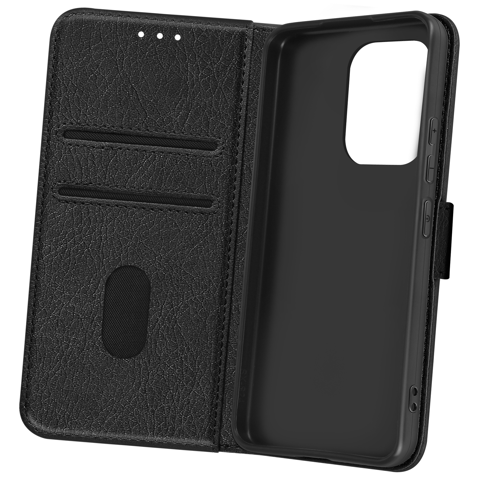 Custodia per telefono nera, aperta, che mostra fessure per carte e interno del telefono.