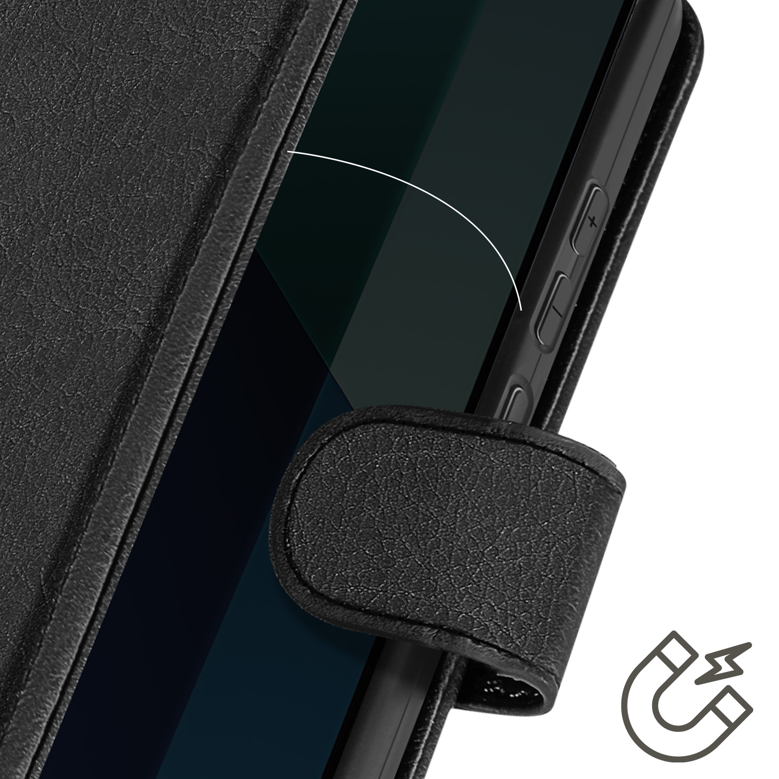 Custodia per telefono nera con chiusura magnetica. Lo schermo del telefono è parzialmente visibile.