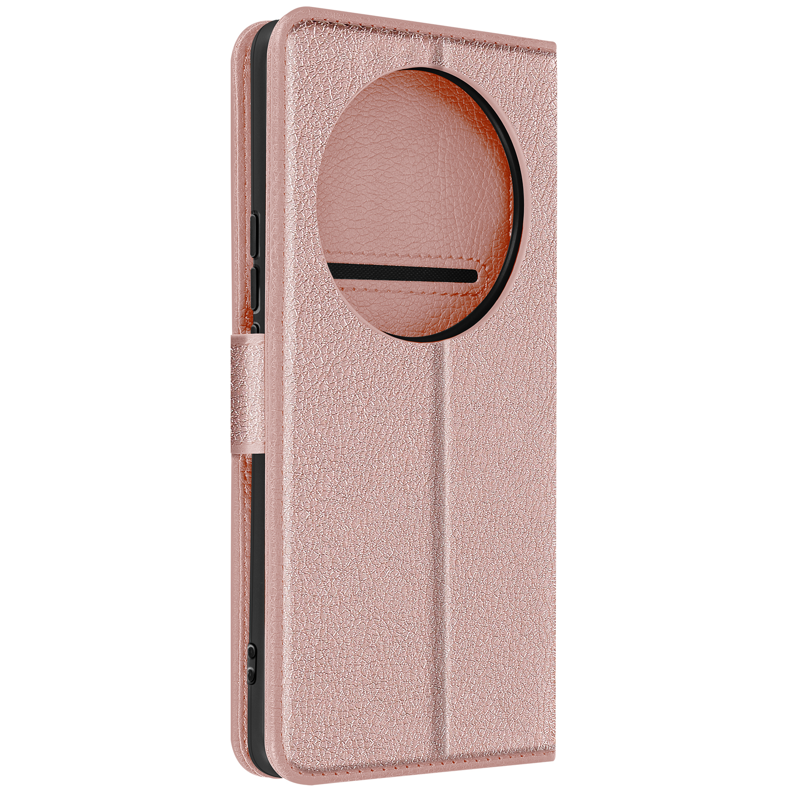 Custodia rosa per telefono con finestra rotonda per la fotocamera. La custodia è chiusa.