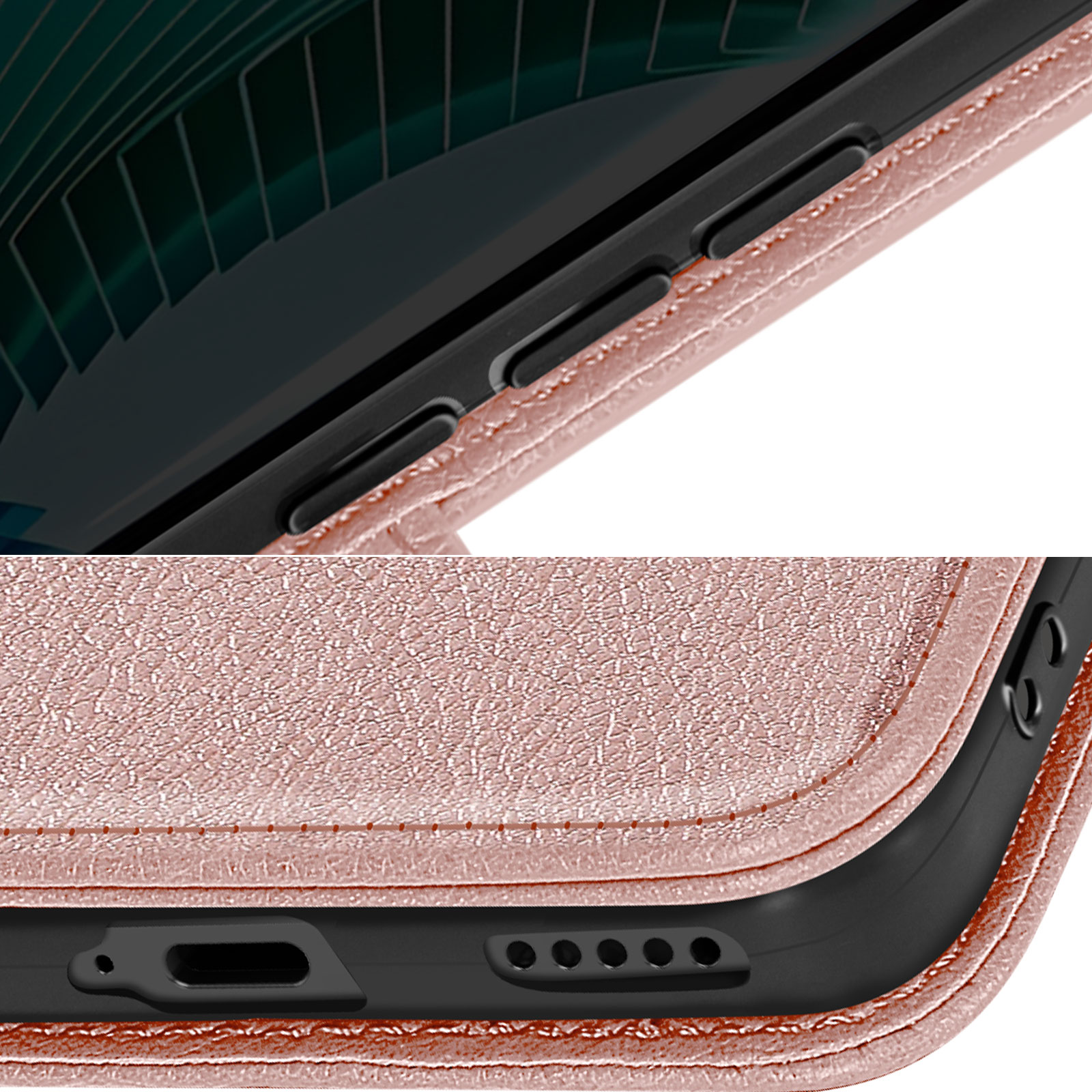 Primo piano di una custodia per telefono con texture in pelle rosa su telefono nero.