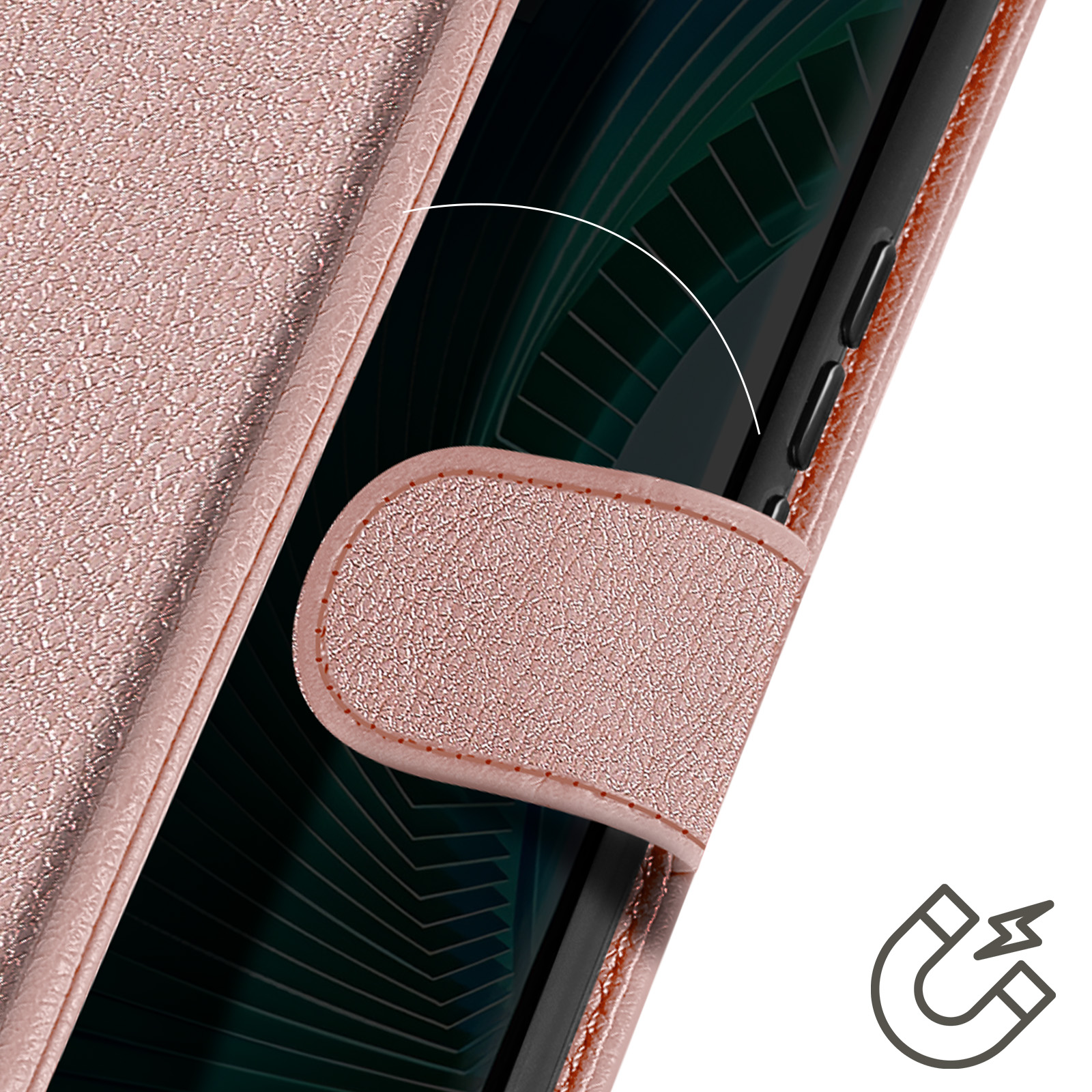 Una custodia rosa per telefono, leggermente aperta, con chiusura magnetica e lo schermo del telefono visibile.