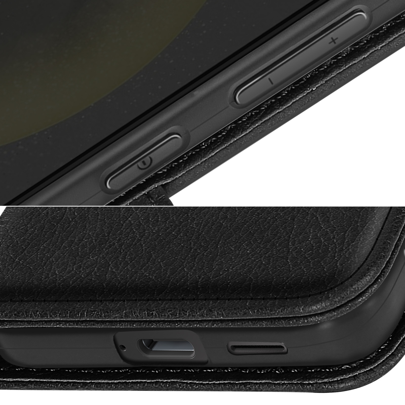 Primo piano, lato e fondo del telefono. Pulsanti e porta di ricarica visibili. Pelle nera.