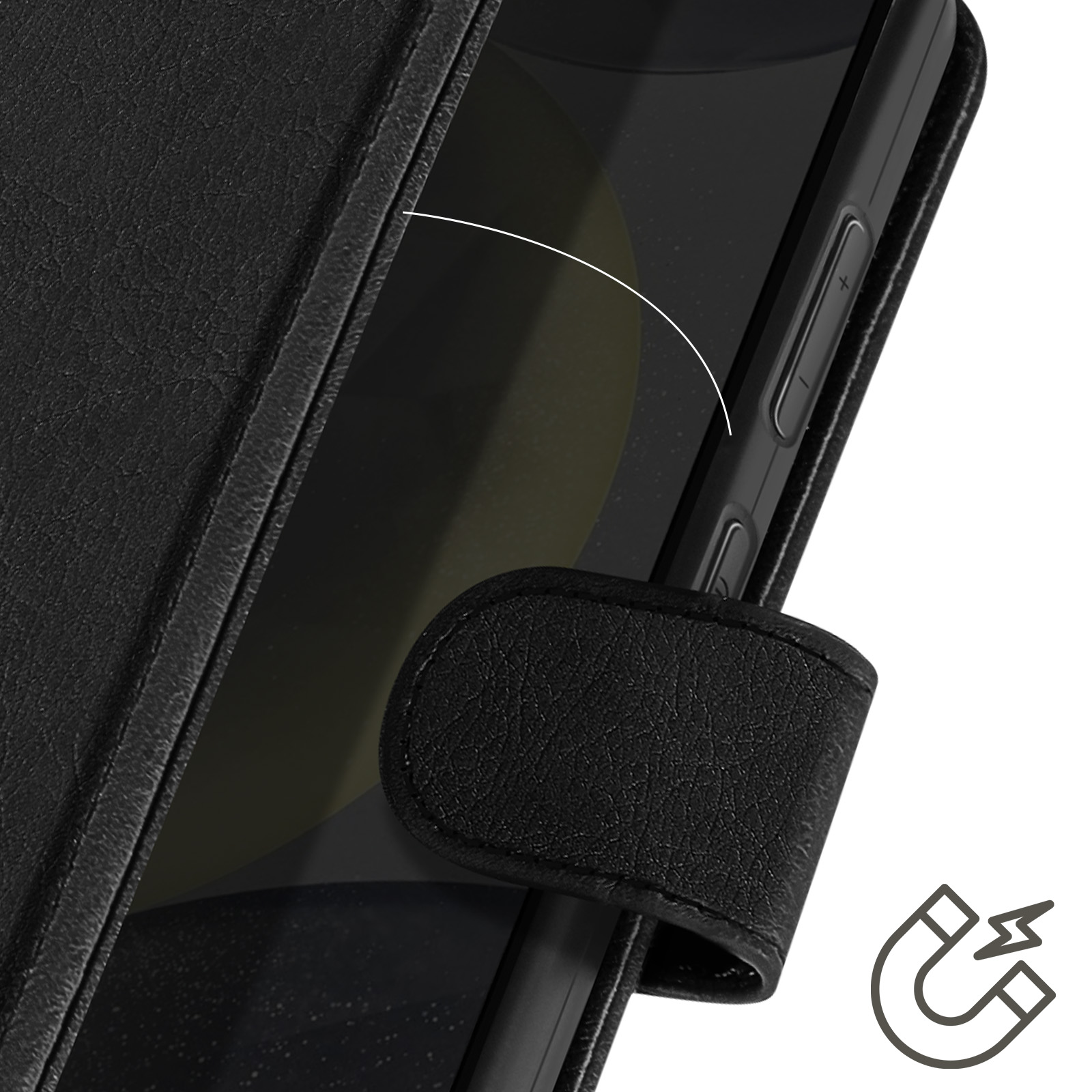 Custodia per telefono in pelle nera con chiusura magnetica. Una mano tocca il telefono. Icona del magnete presente.