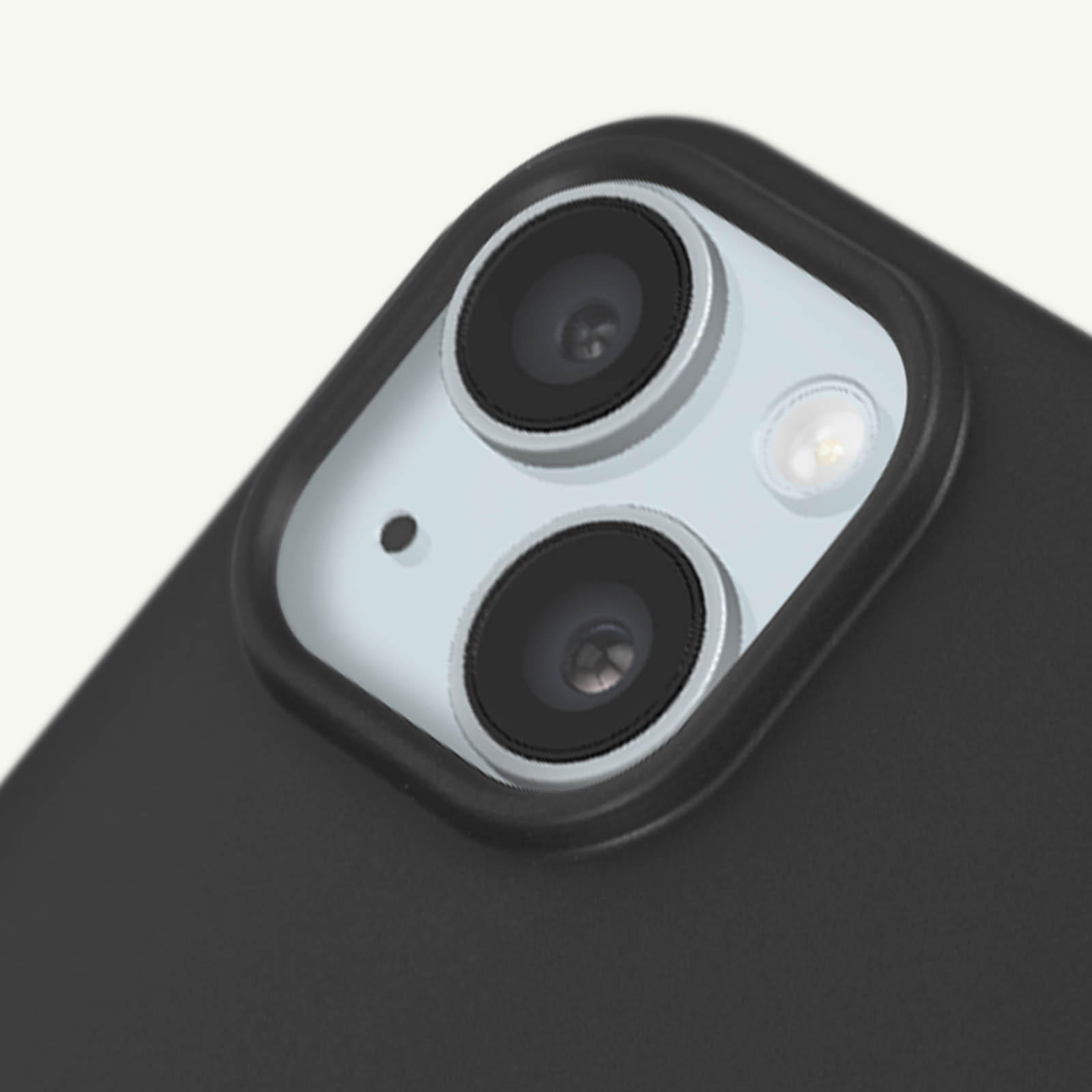 Primo piano degli obiettivi della fotocamera del telefono. Due obiettivi e un flash all'interno di una cornice nera.