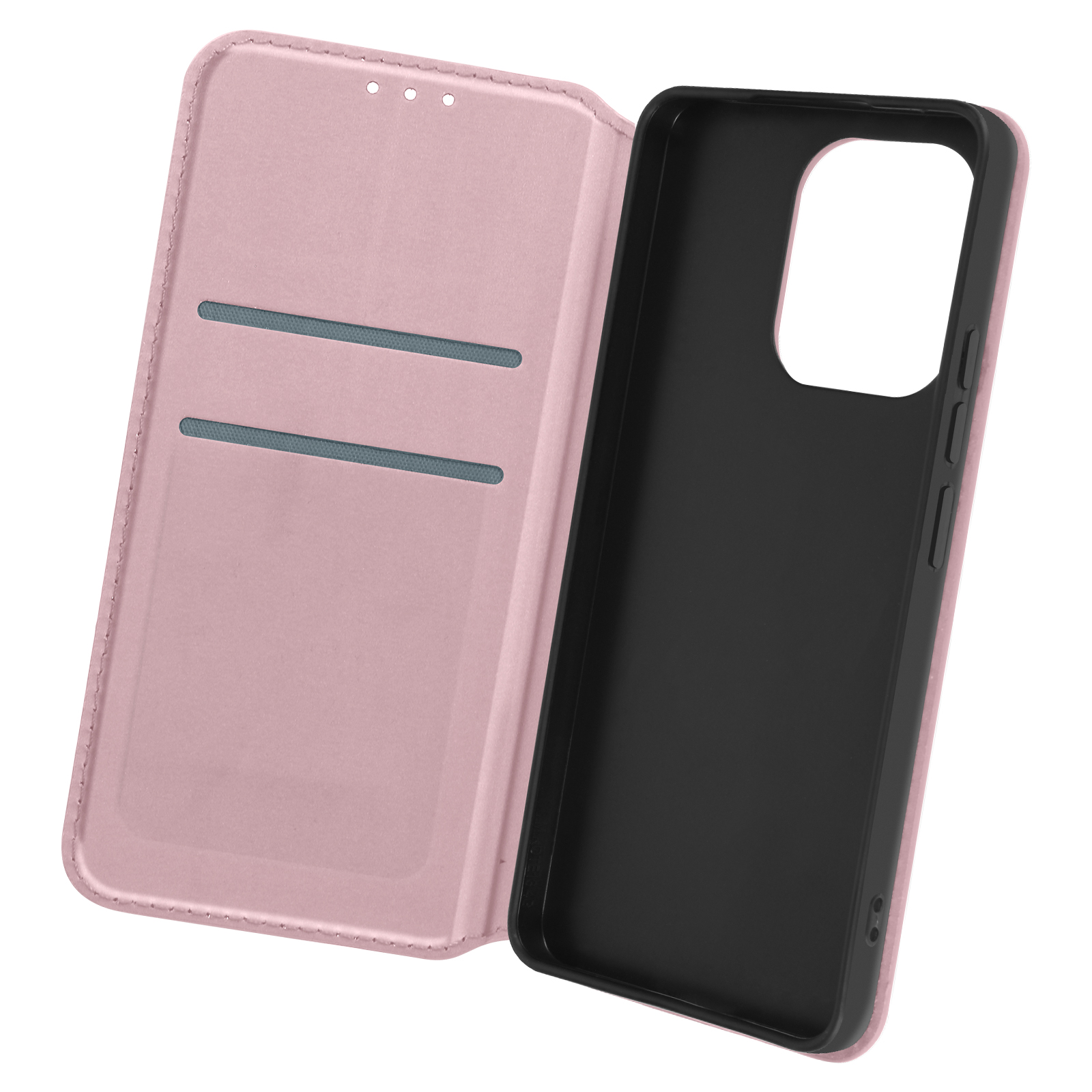 Custodia del telefono rosa aperta. L'interno è nero. Sfondo bianco.