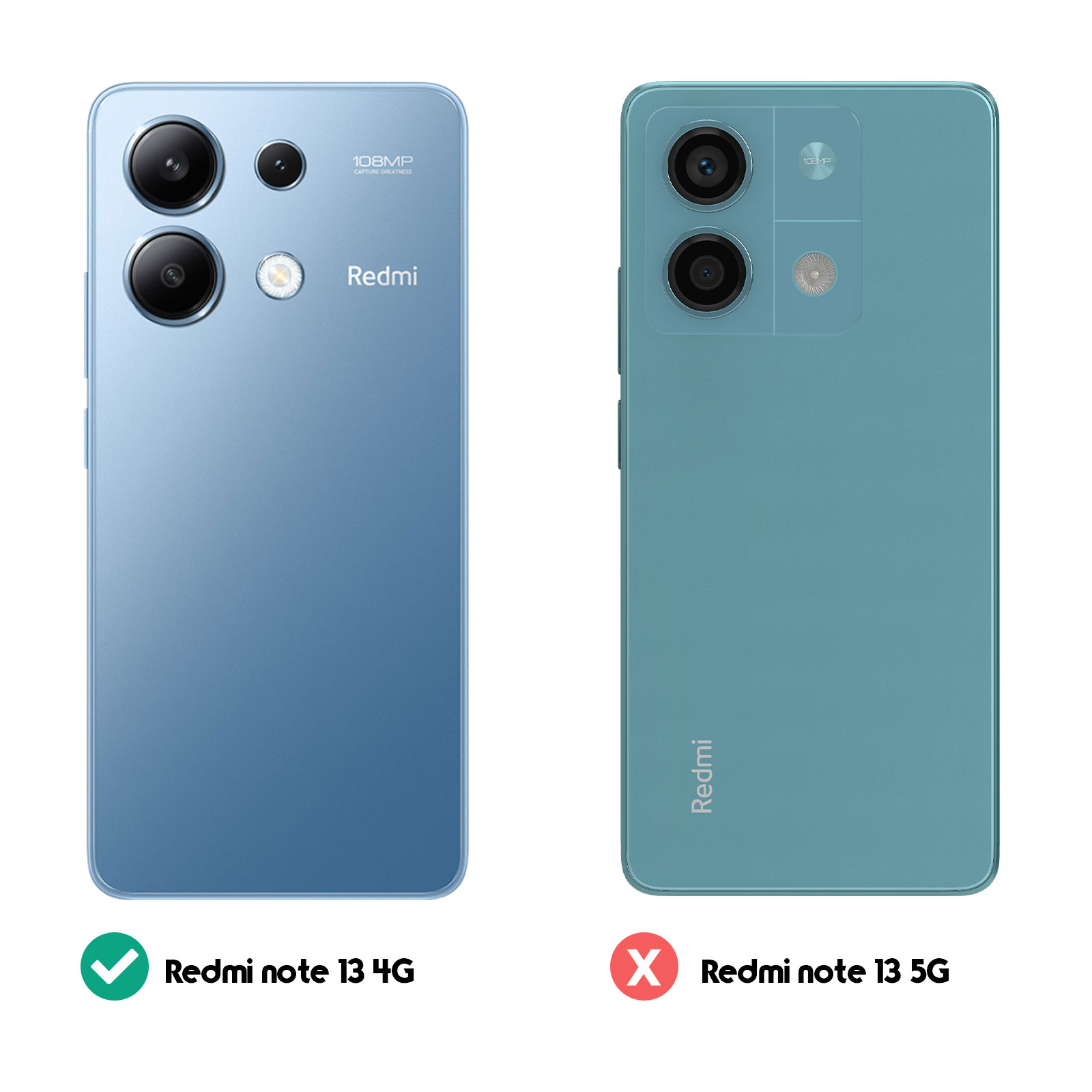 Due telefoni affiancati. Uno è Redmi note 13 4G, l'altro Redmi note 13 5G.