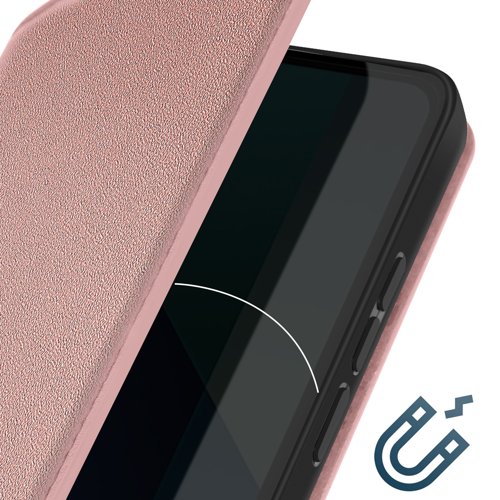 Una custodia rosa per telefono con un telefono all'interno, vicino a un simbolo magnetico.