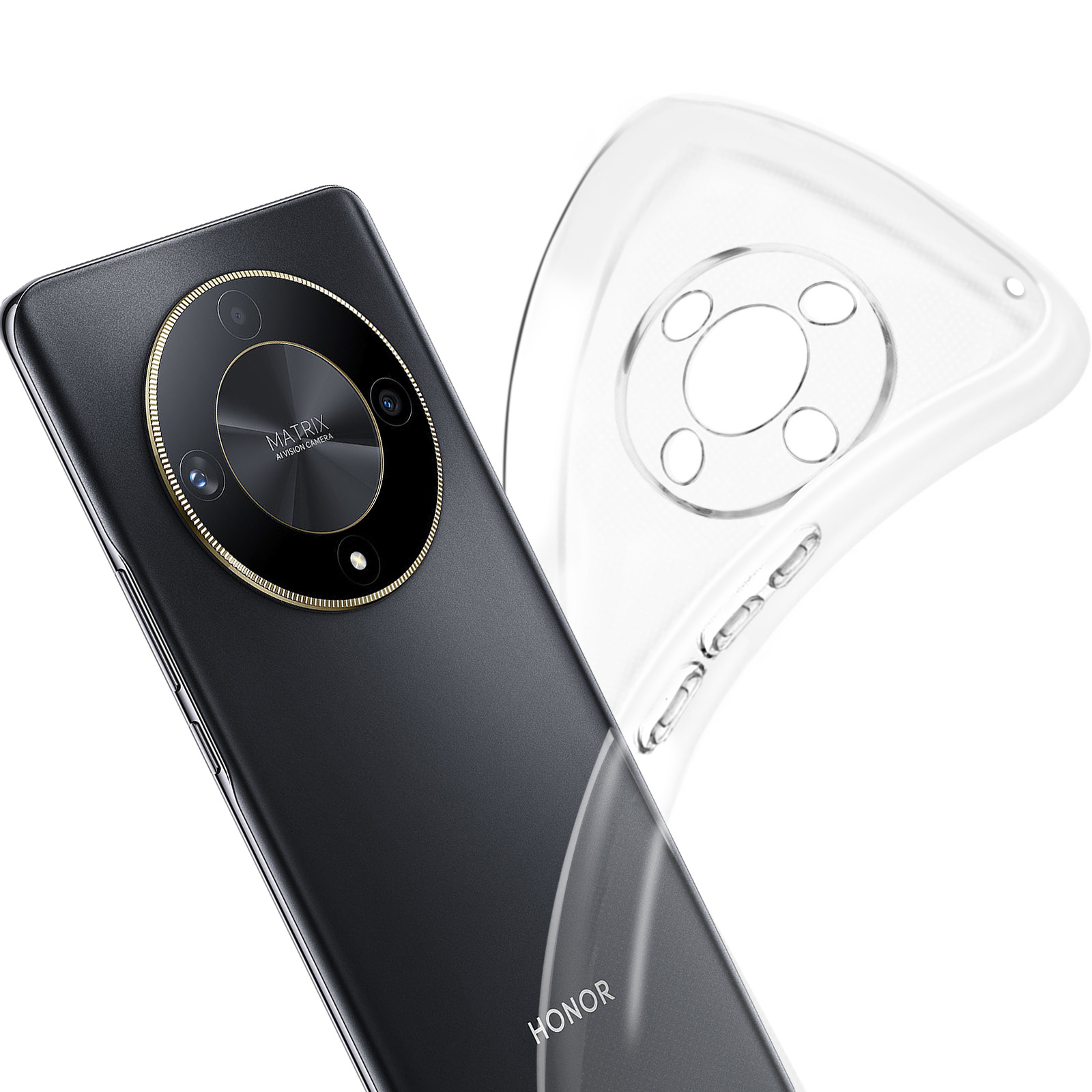 Telefono nero con design Honor Matrix, con custodia trasparente, angolo inclinato.