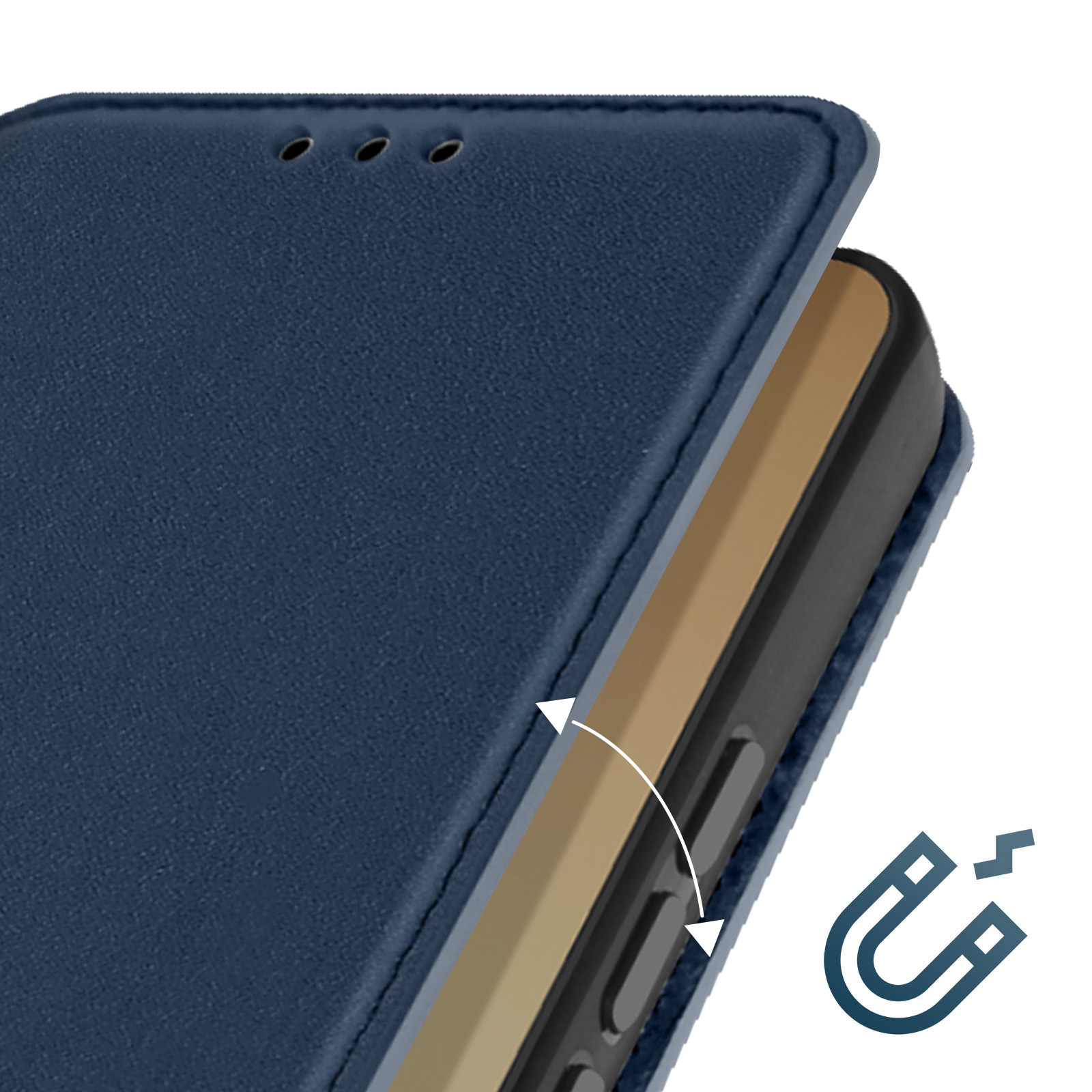 Marineblaue Handyhülle mit Klappe. Geöffnet, um das Telefon zu zeigen. Magnet-Symbol rechts.
