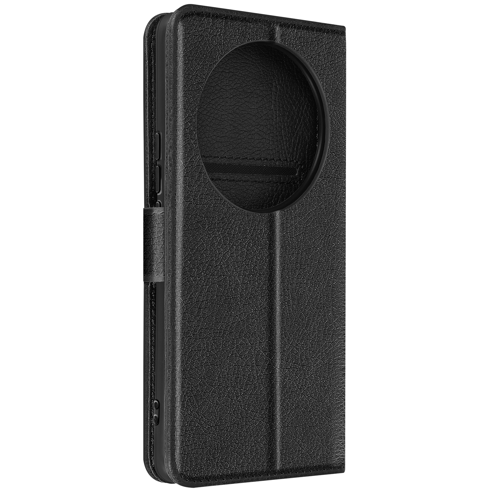 Custodia per telefono nera chiusa con un ritaglio circolare per la fotocamera. Aspetto pelle strutturata.