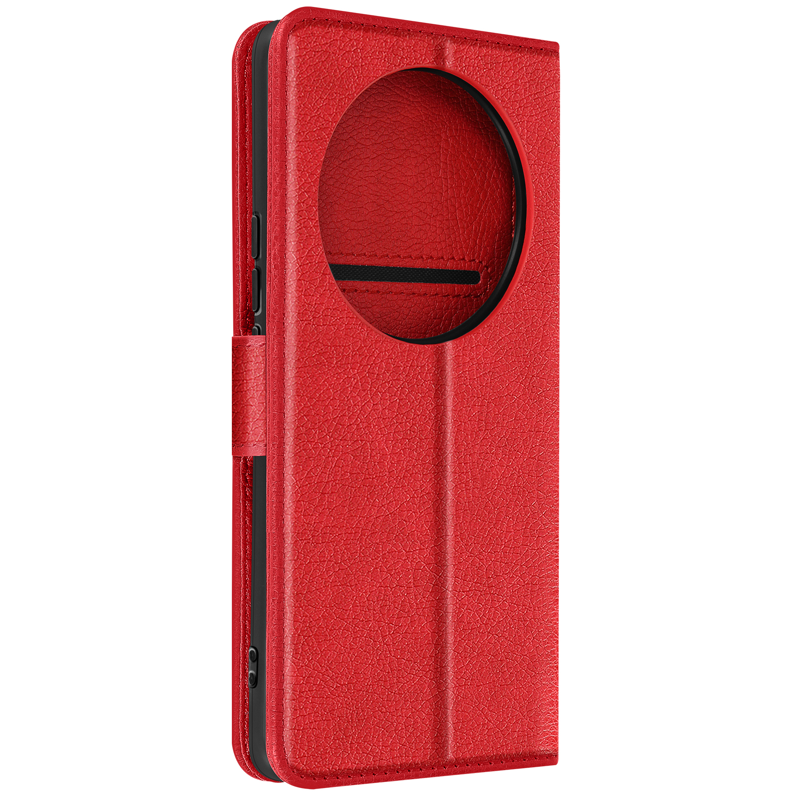 Una custodia per telefono rossa con un'apertura rotonda. Si tratta di una custodia a portafoglio, con chiusura magnetica.