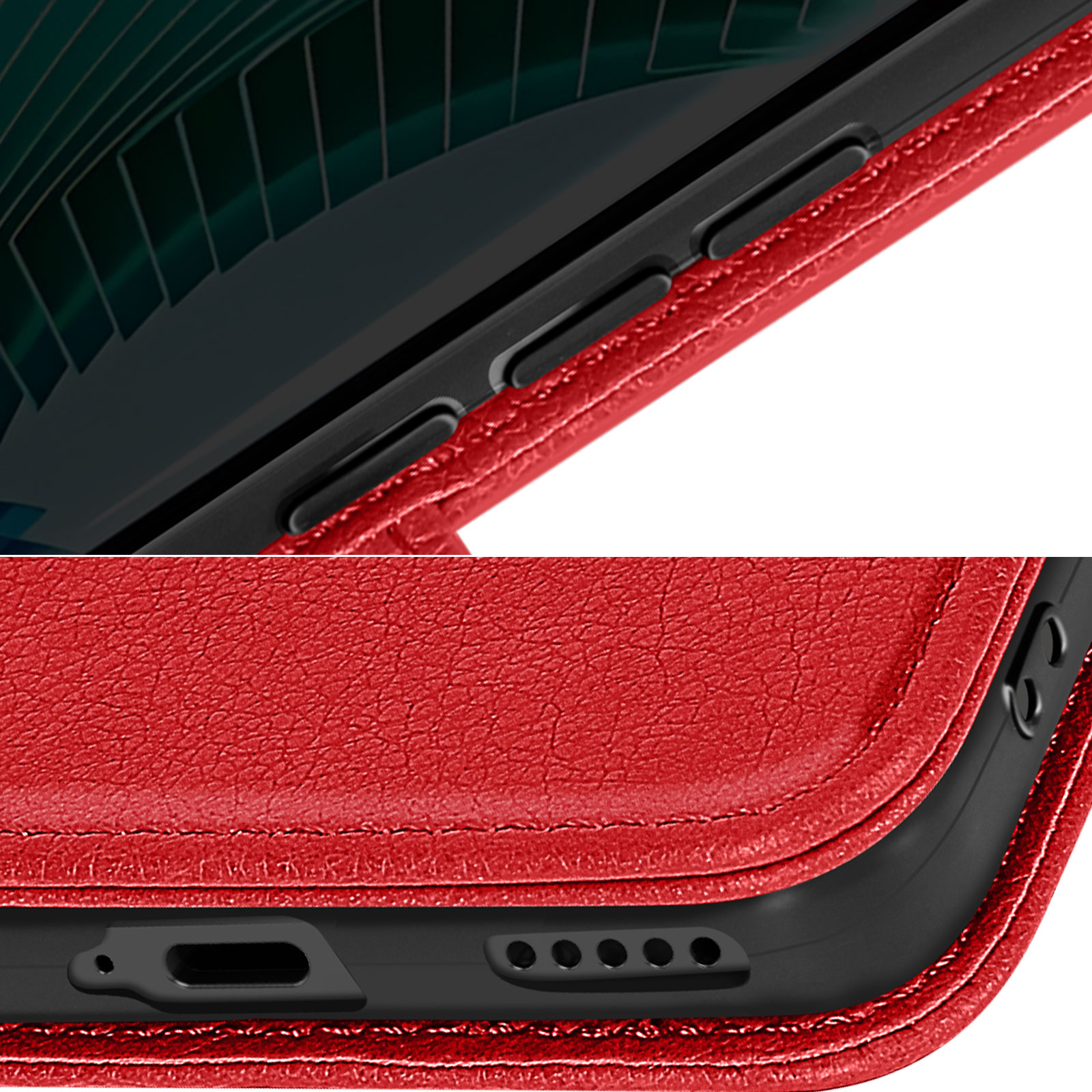 Primo piano di una custodia per telefono rossa, che mostra le cuciture e i pulsanti laterali del telefono.