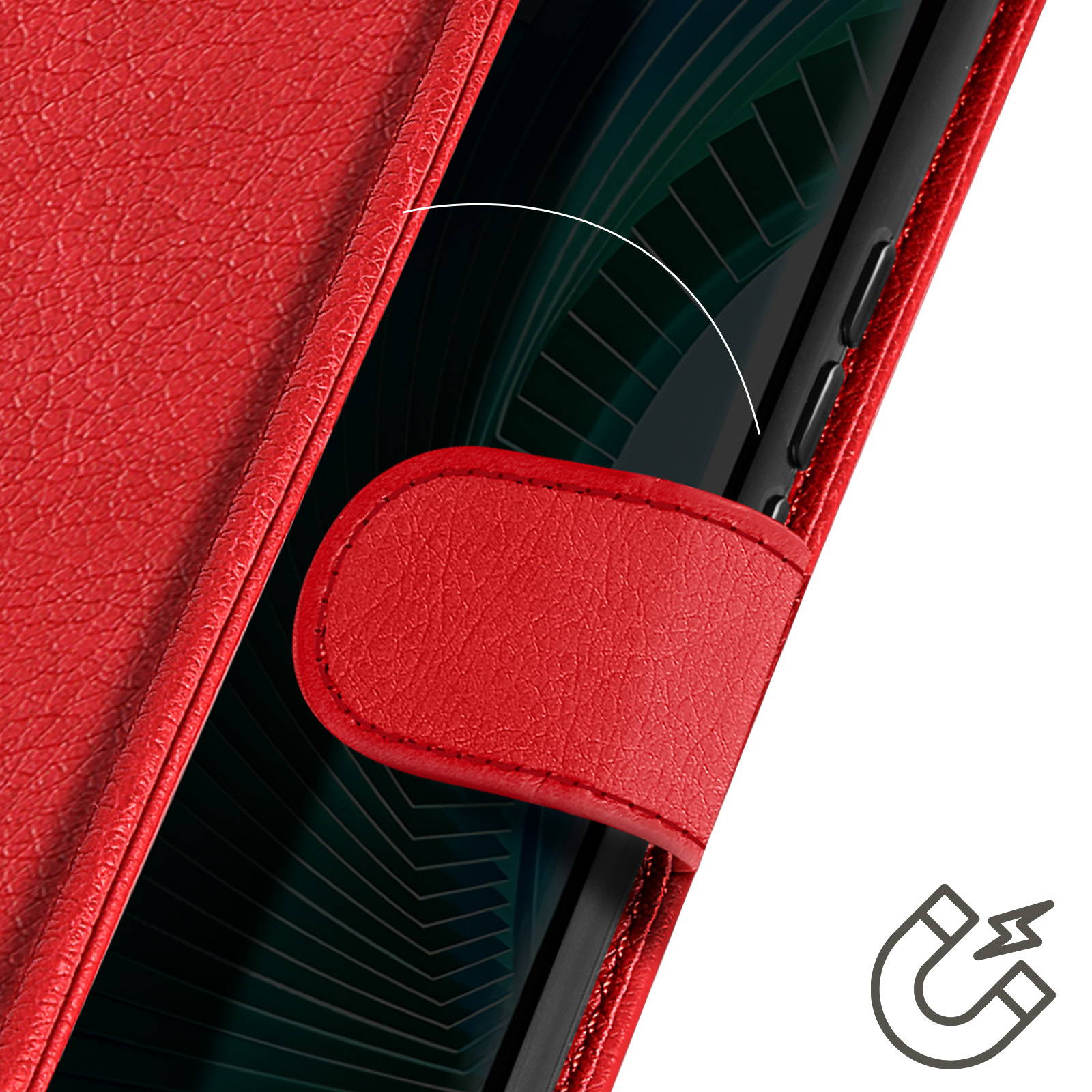 Custodia rossa per telefono con chiusura magnetica. Aperta, mostra telefono nero e fessure.