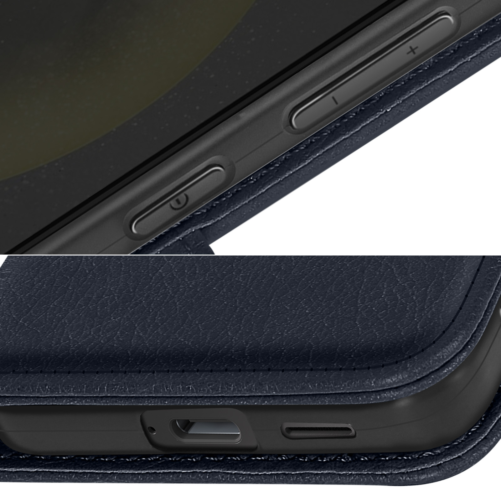Dettagli ravvicinati di una custodia per telefono blu scuro, inclusi pulsanti e una porta di ricarica.