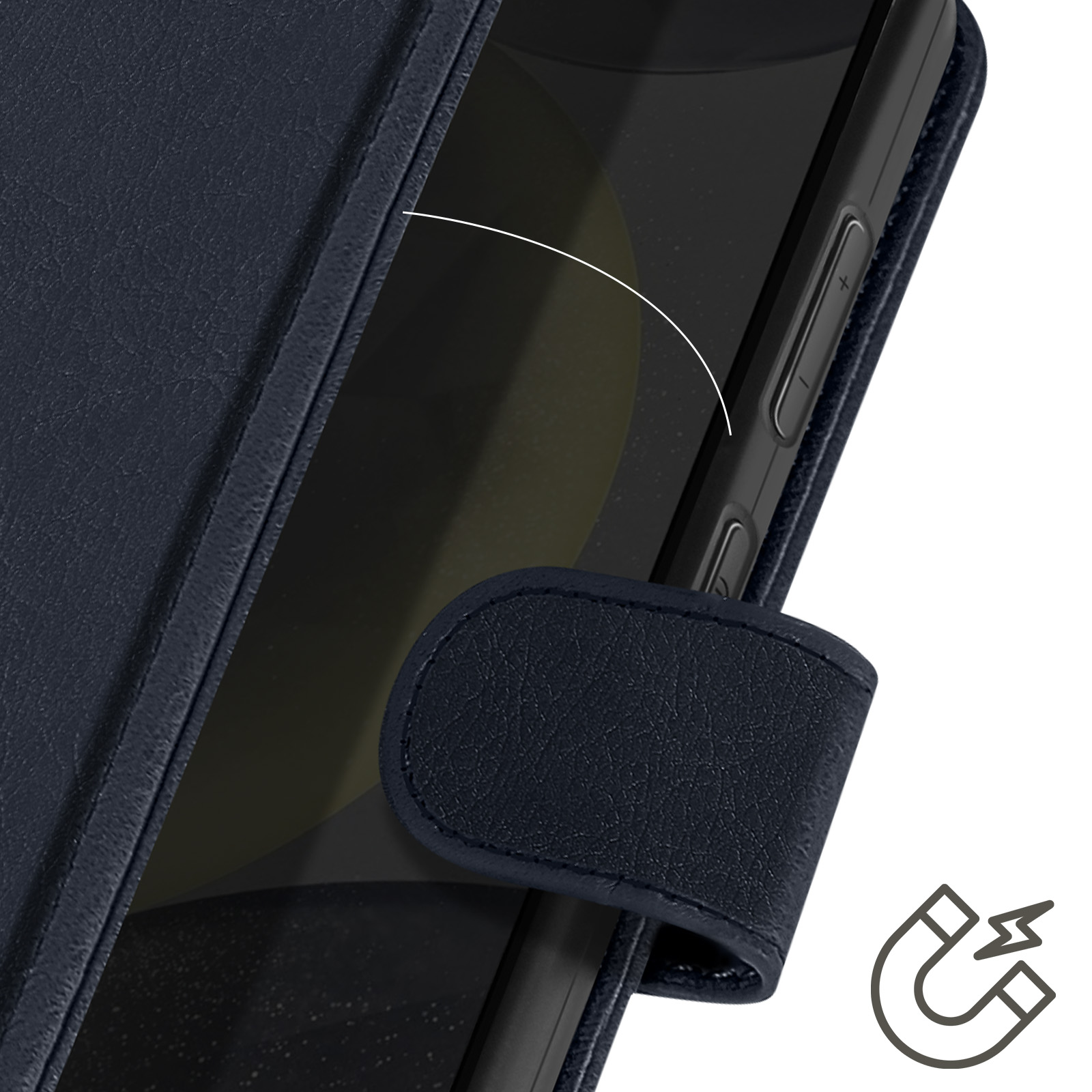 Custodia blu scuro con chiusura magnetica e telefono nero.
