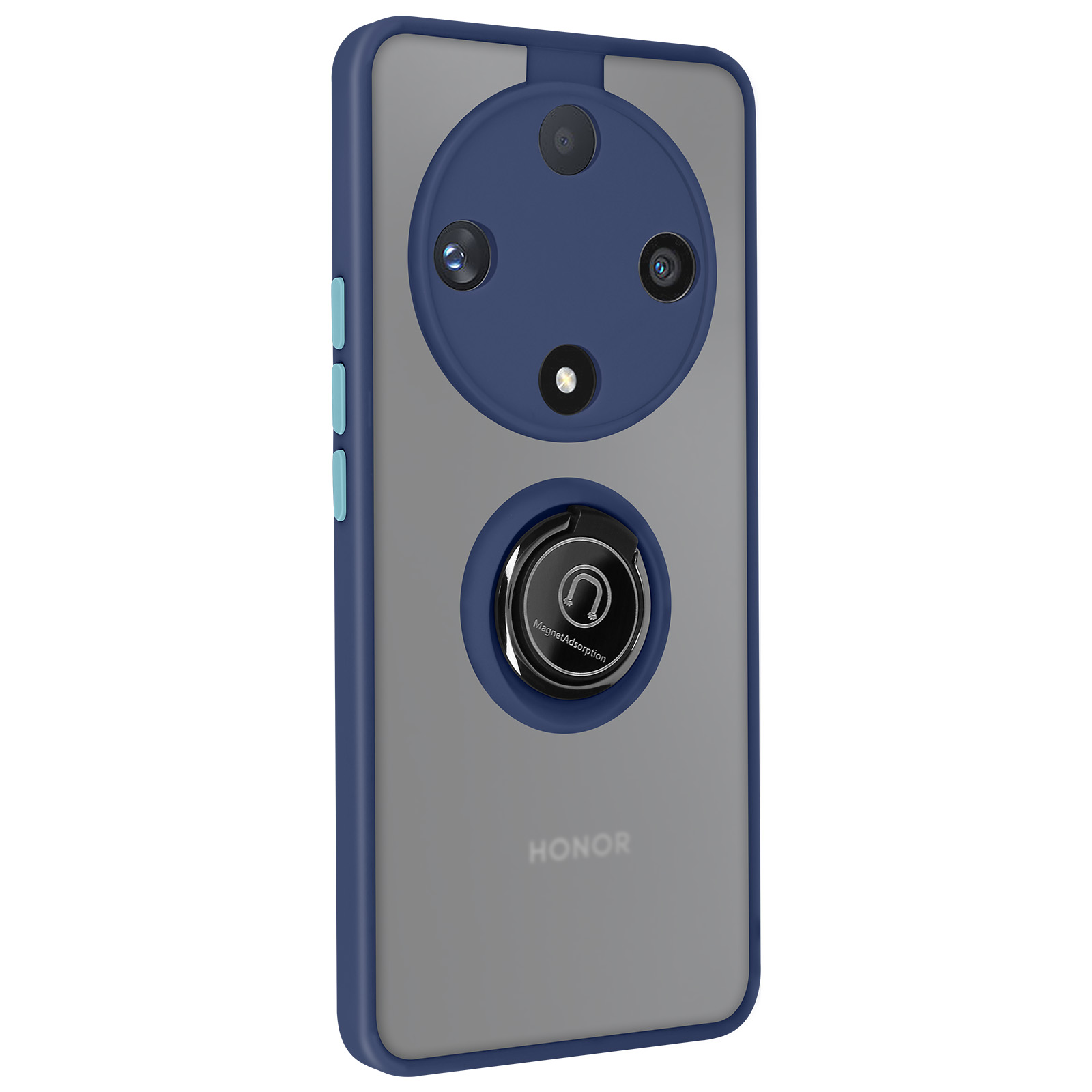 Una custodia per telefono con un design blu e grigio, un anello per fotocamera e un supporto ad anello magnetico.
