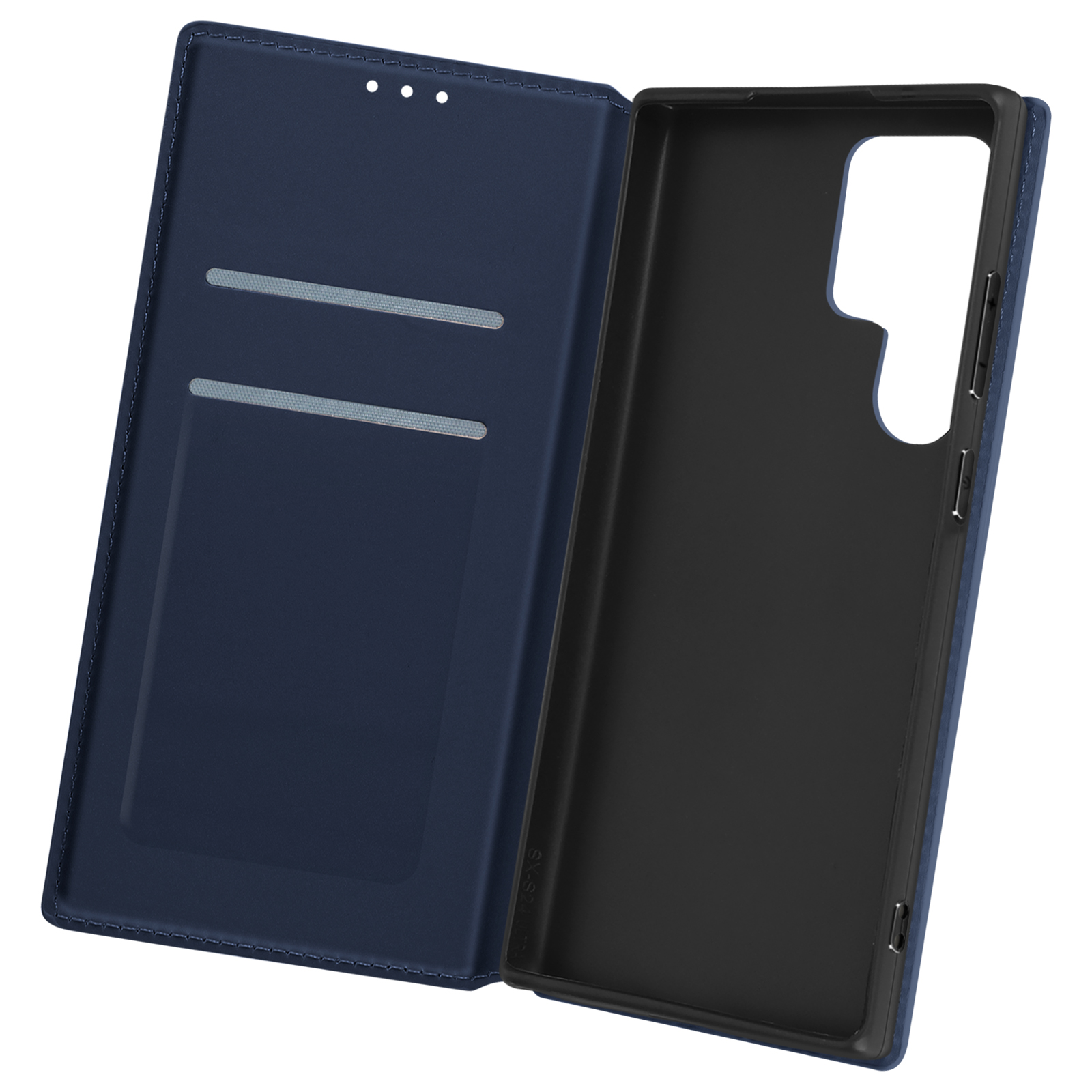 Custodia per telefono blu scuro, aperta, che rivela un telefono nero. Ci sono fessure per schede.