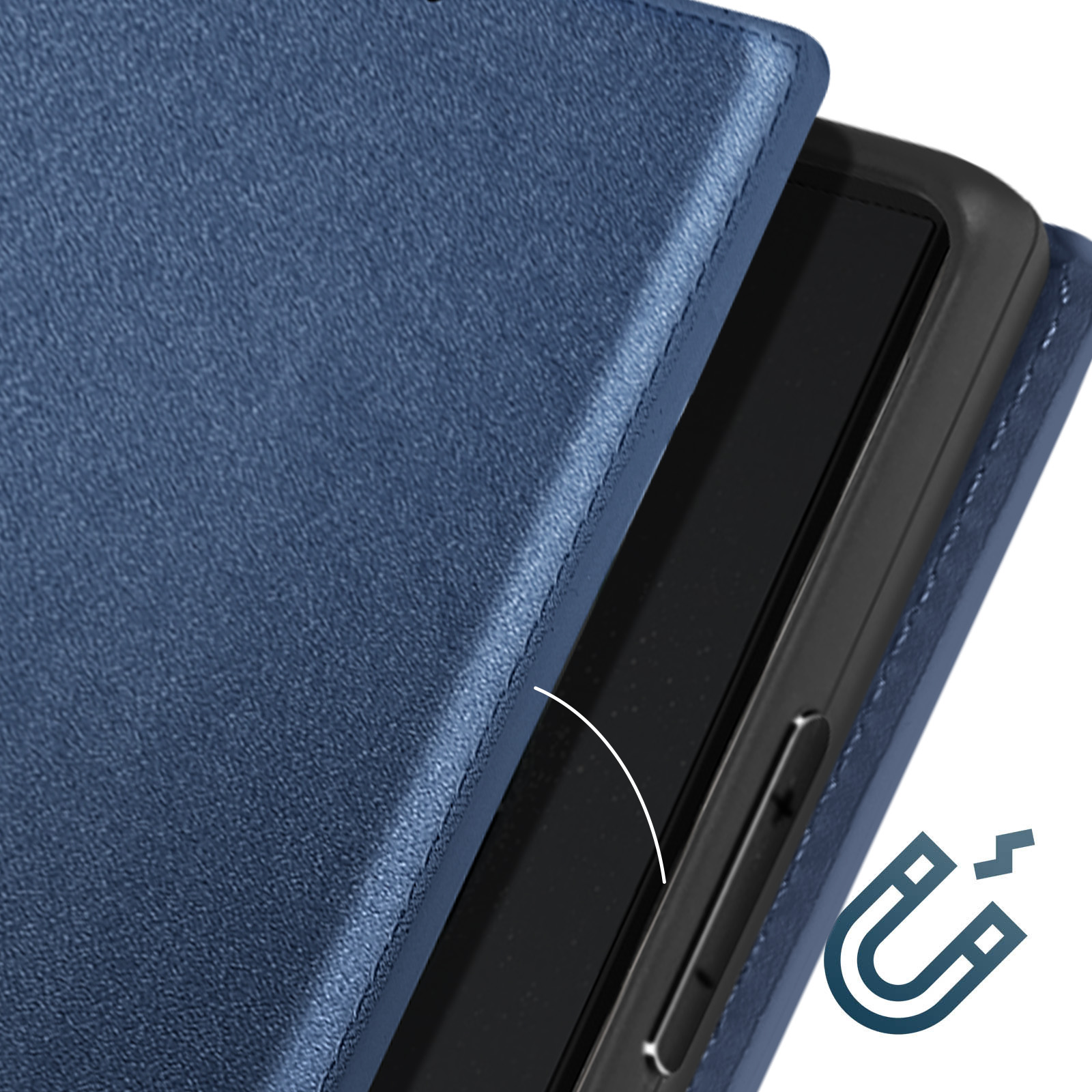 Primo piano di una custodia blu per telefono, parzialmente aperta, che mostra un simbolo di calamita.