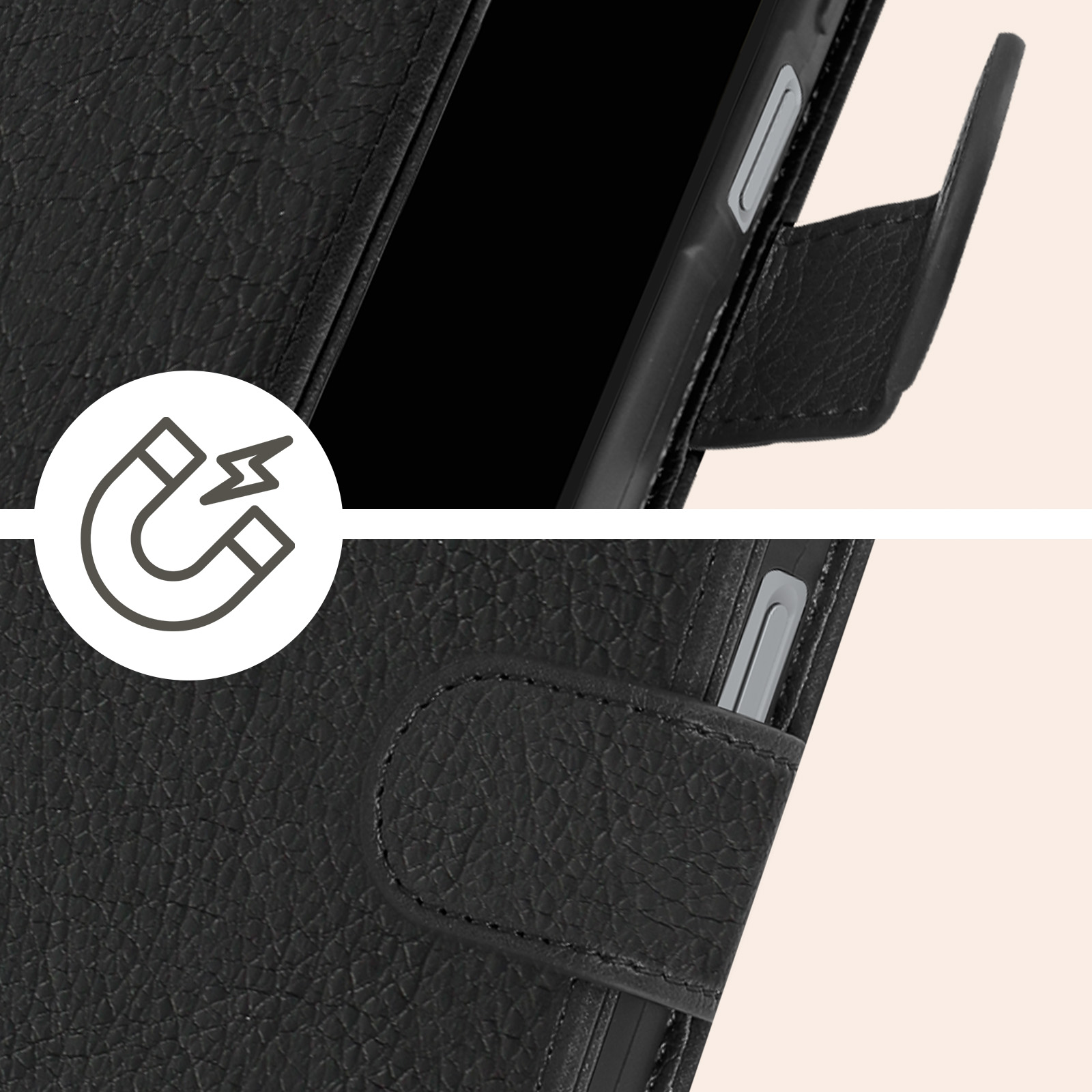 Nahaufnahme einer schwarzen Leder-Handyhülle mit Magnetsymbol.
