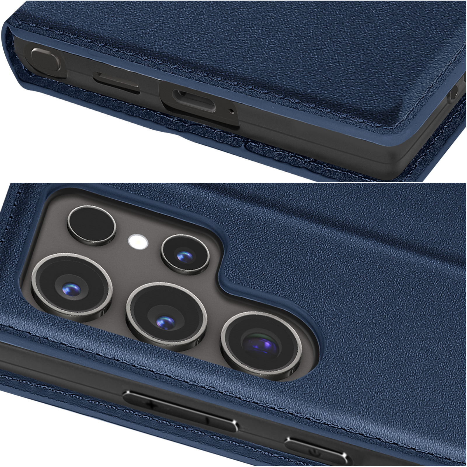 Primo piano di custodia blu navy con ritagli per fotocamera, che mostra le porte.