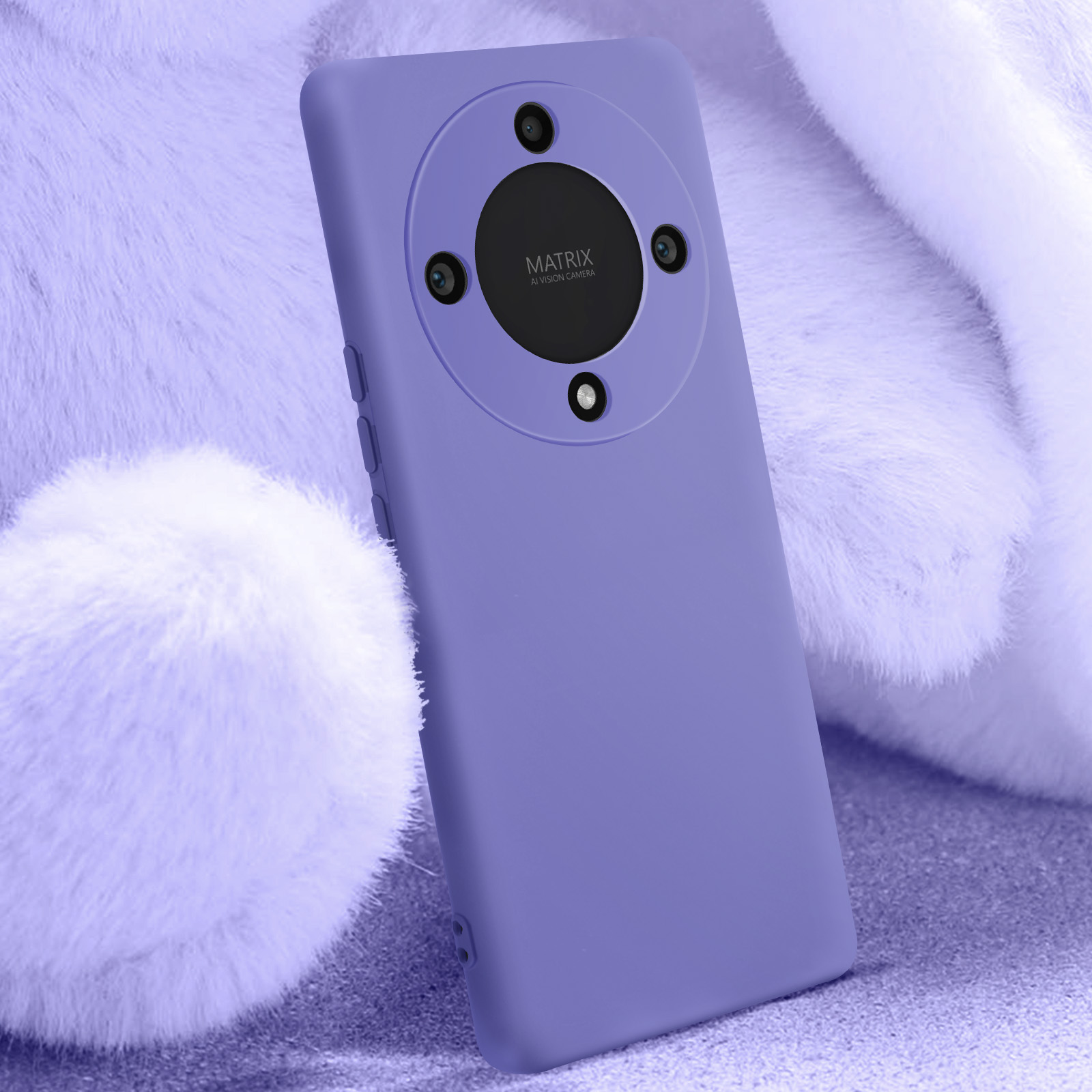 Coque de téléphone violette avec module caméra et marque Matrix, posée sur surface duveteuse.