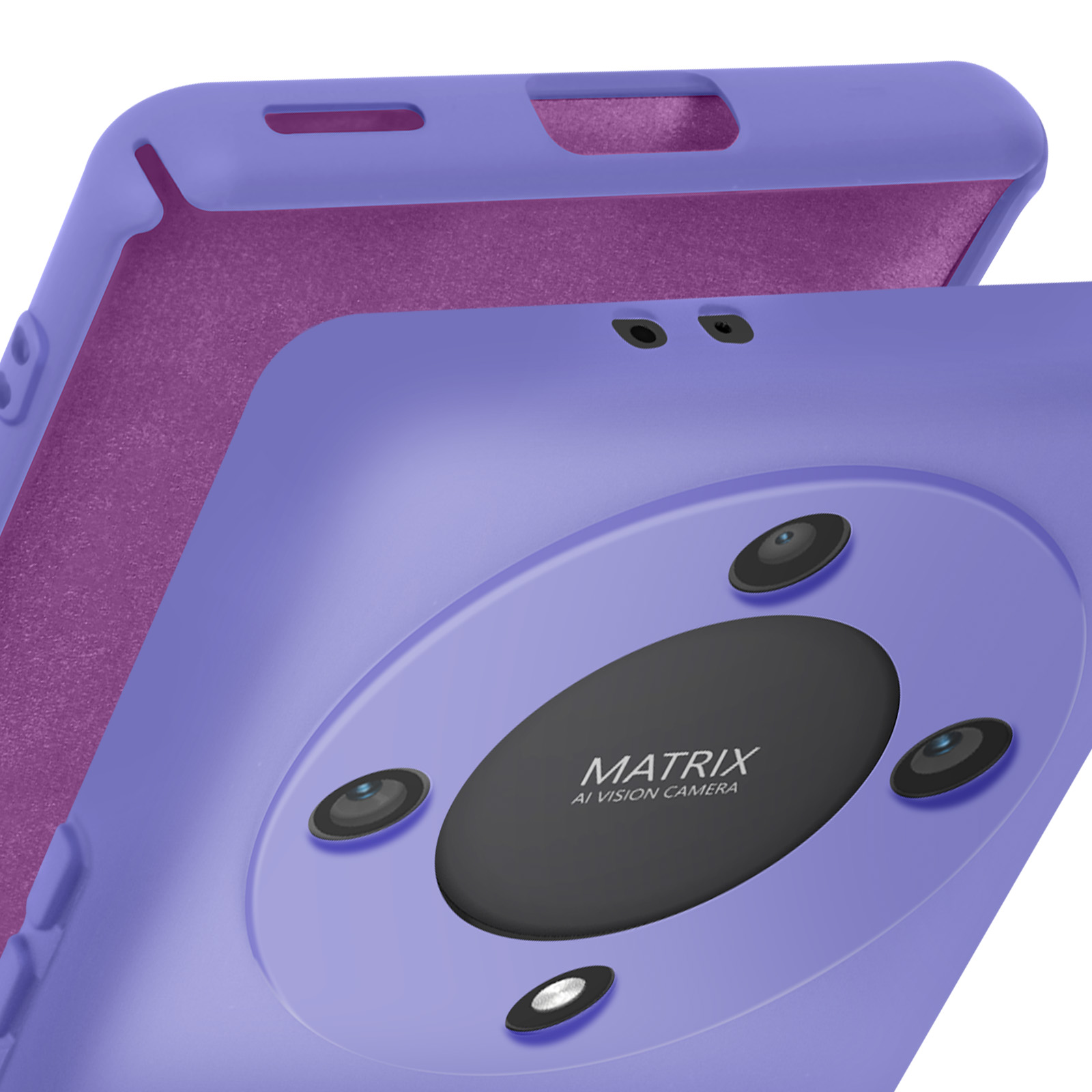 Coque de téléphone violette avec trois caméras. Coque ouverte, montrant l'intérieur. Fond blanc.