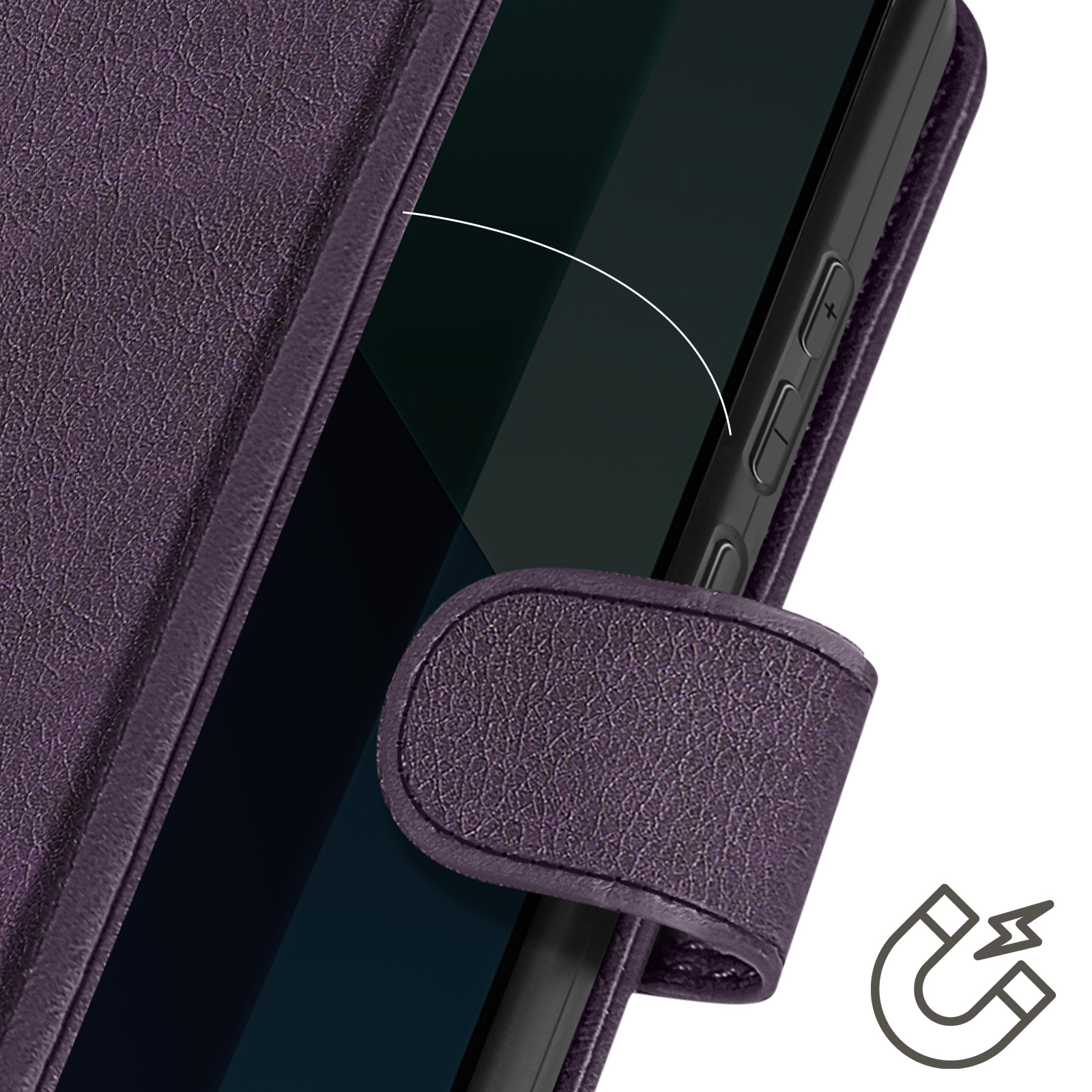 Custodia per telefono viola con chiusura magnetica. La custodia è chiusa, mostra lo schermo.