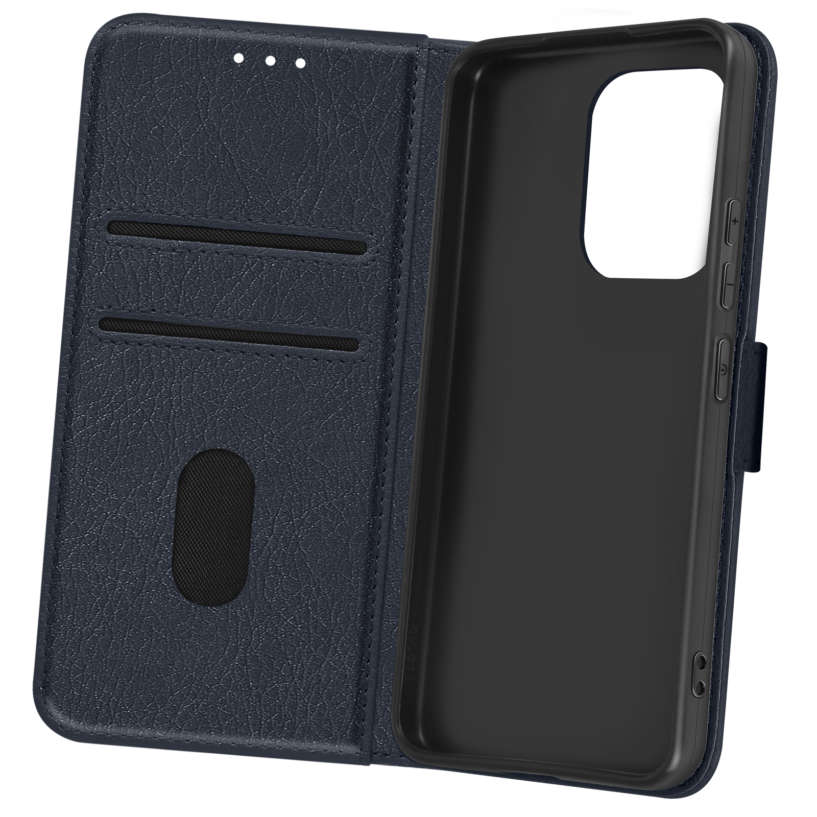 Custodia per telefono blu navy con telefono all'interno. La custodia è aperta, mostrando spazio per le carte.