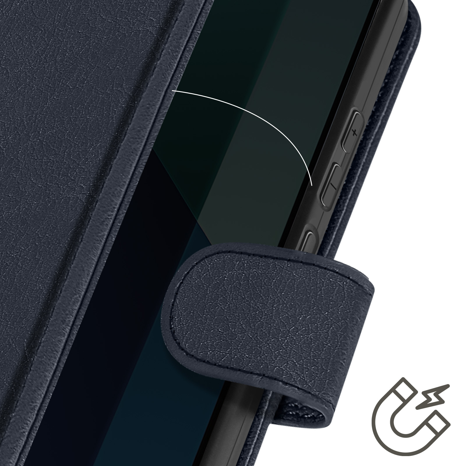 Custodia blu con chiusura magnetica, aperta per rivelare lo schermo, con una linea bianca.