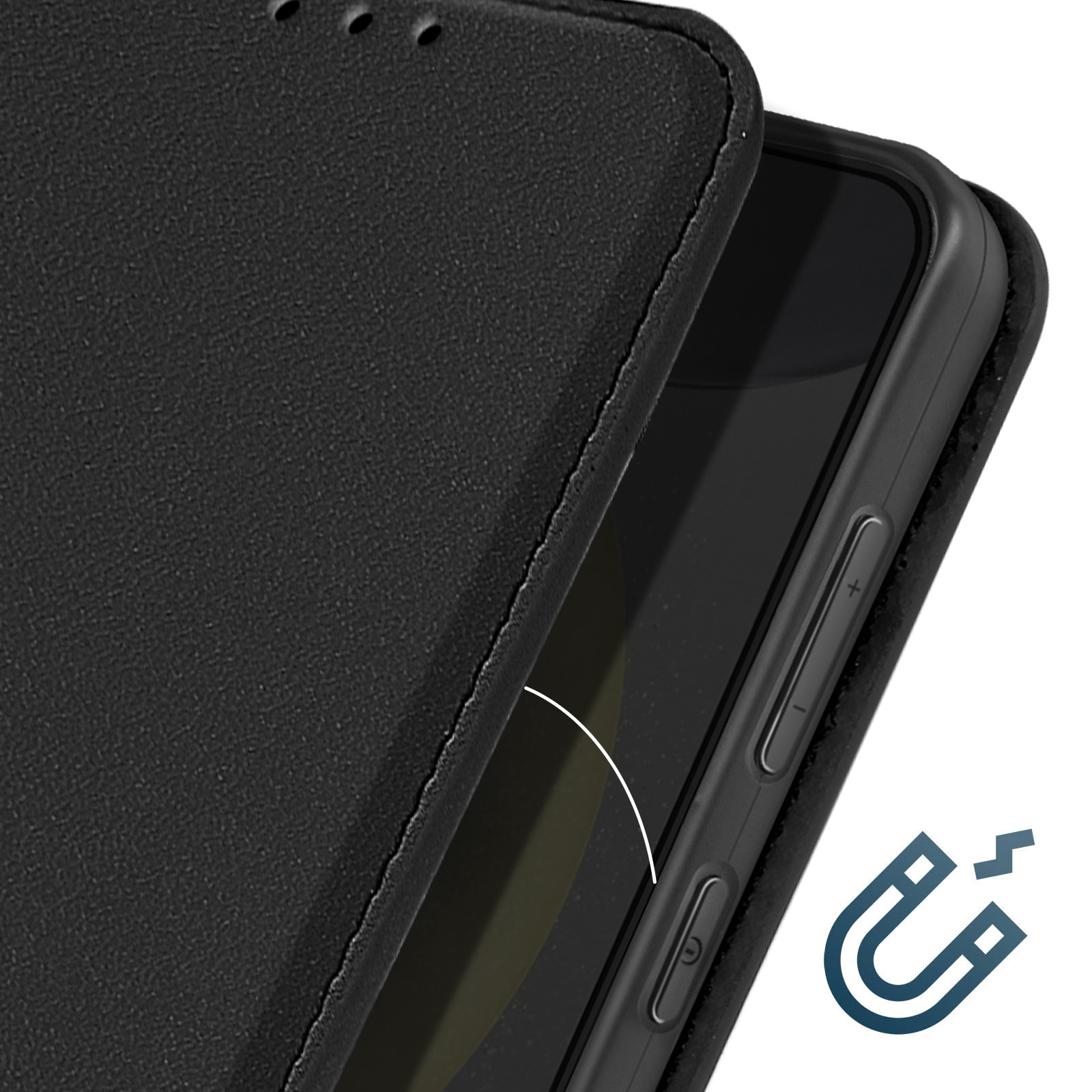 Primo piano di una custodia nera, con chiusura magnetica e uno smartphone.