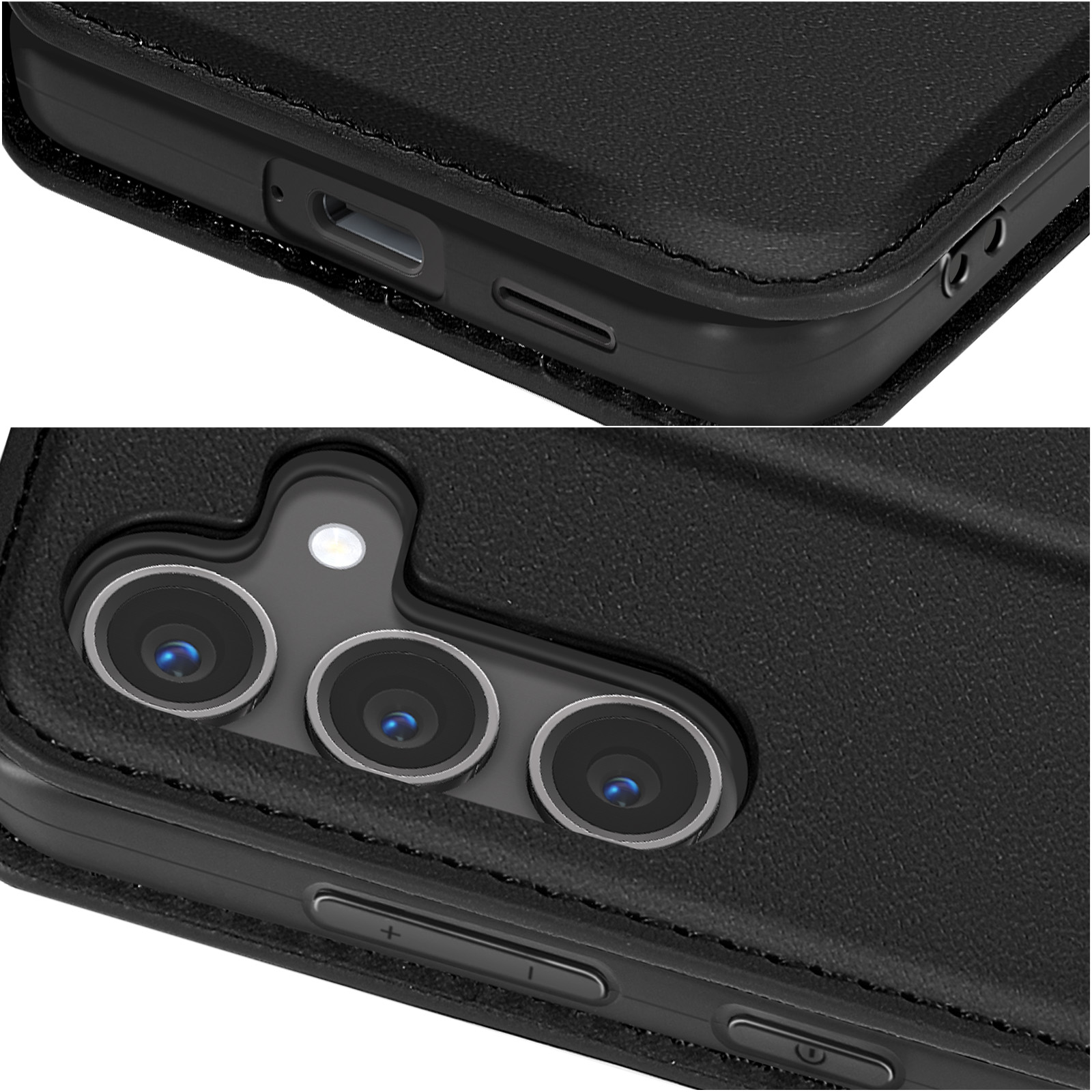 Primo piano di una custodia nera per telefono con cuciture. Porte e pulsanti visibili.