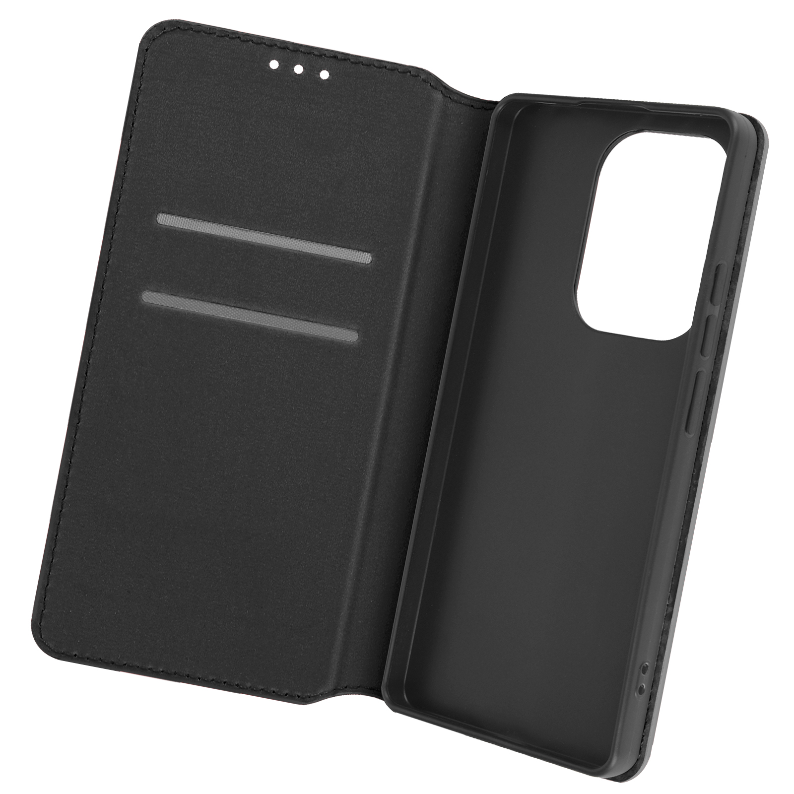 Custodia del telefono nera, aperta, con fessure per schede e interno del telefono. Materiale nero su superficie bianca.
